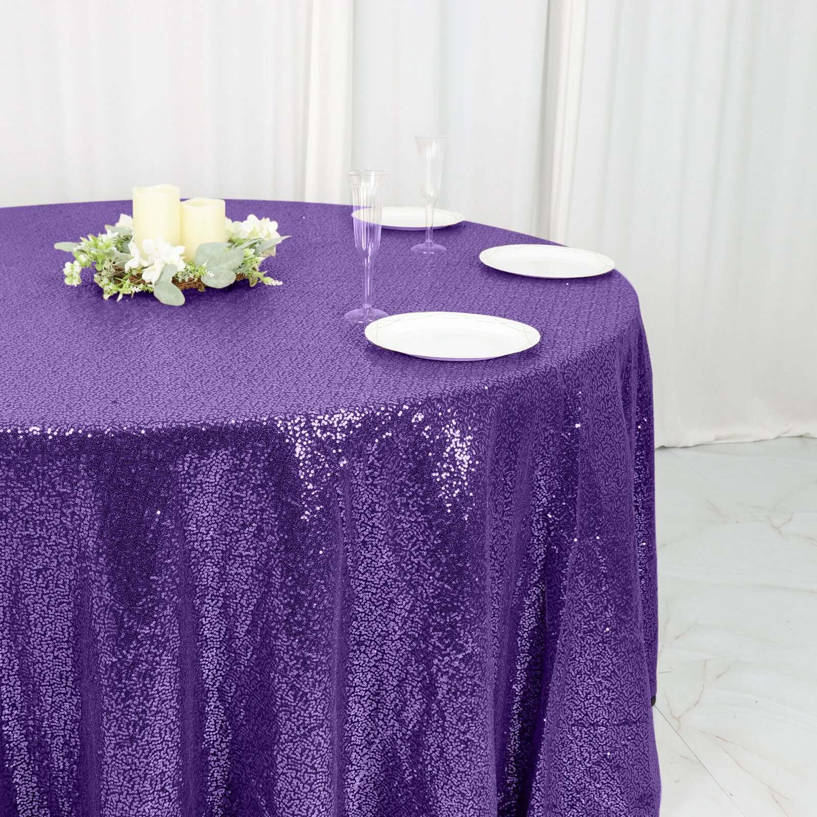 Sequin 120" Round Tablecloth Purple - Seamless Glittering Table Cover
