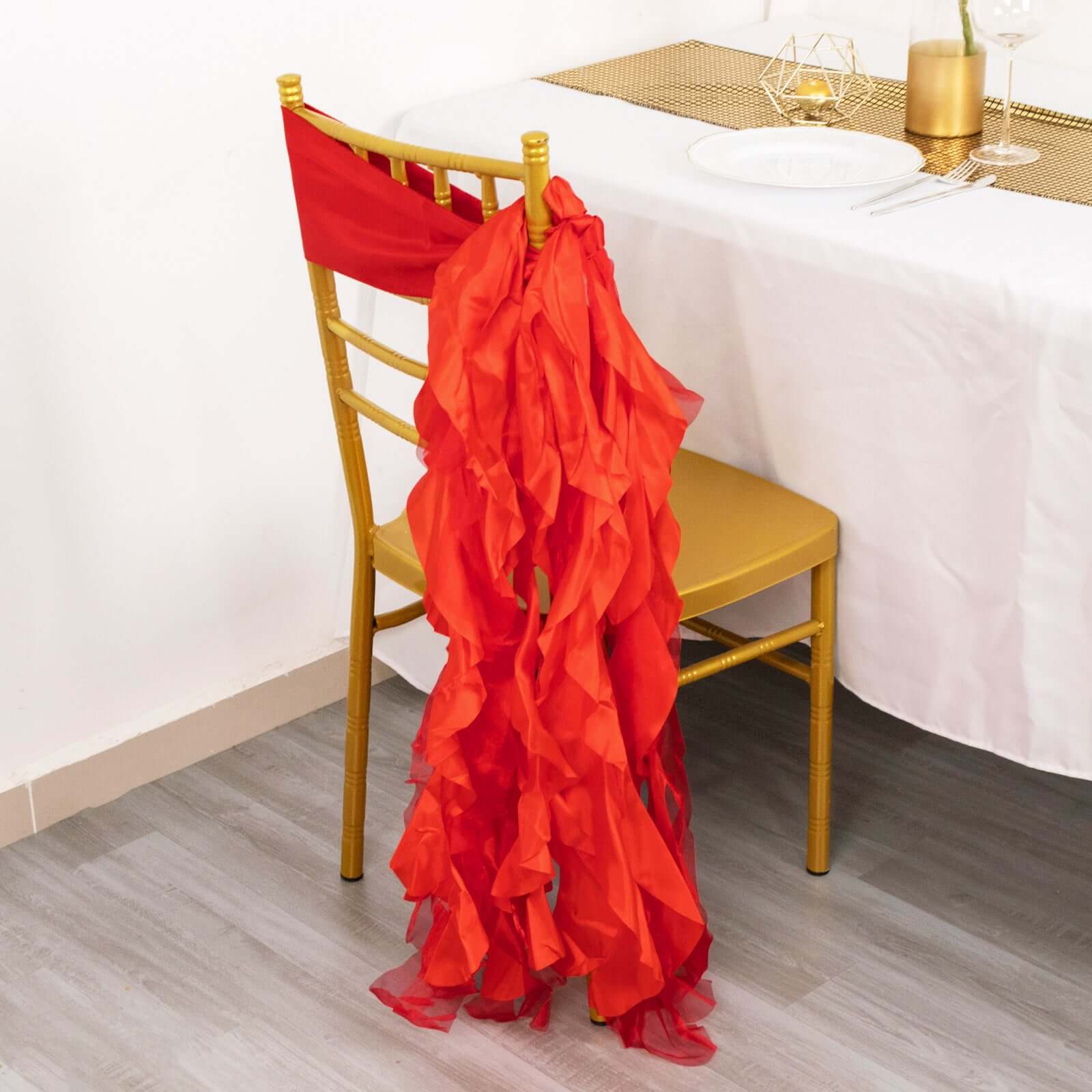 5 Pack Chiffon Satin Chair Sashes Red - Easy to Install Ruffled Curly Willow
