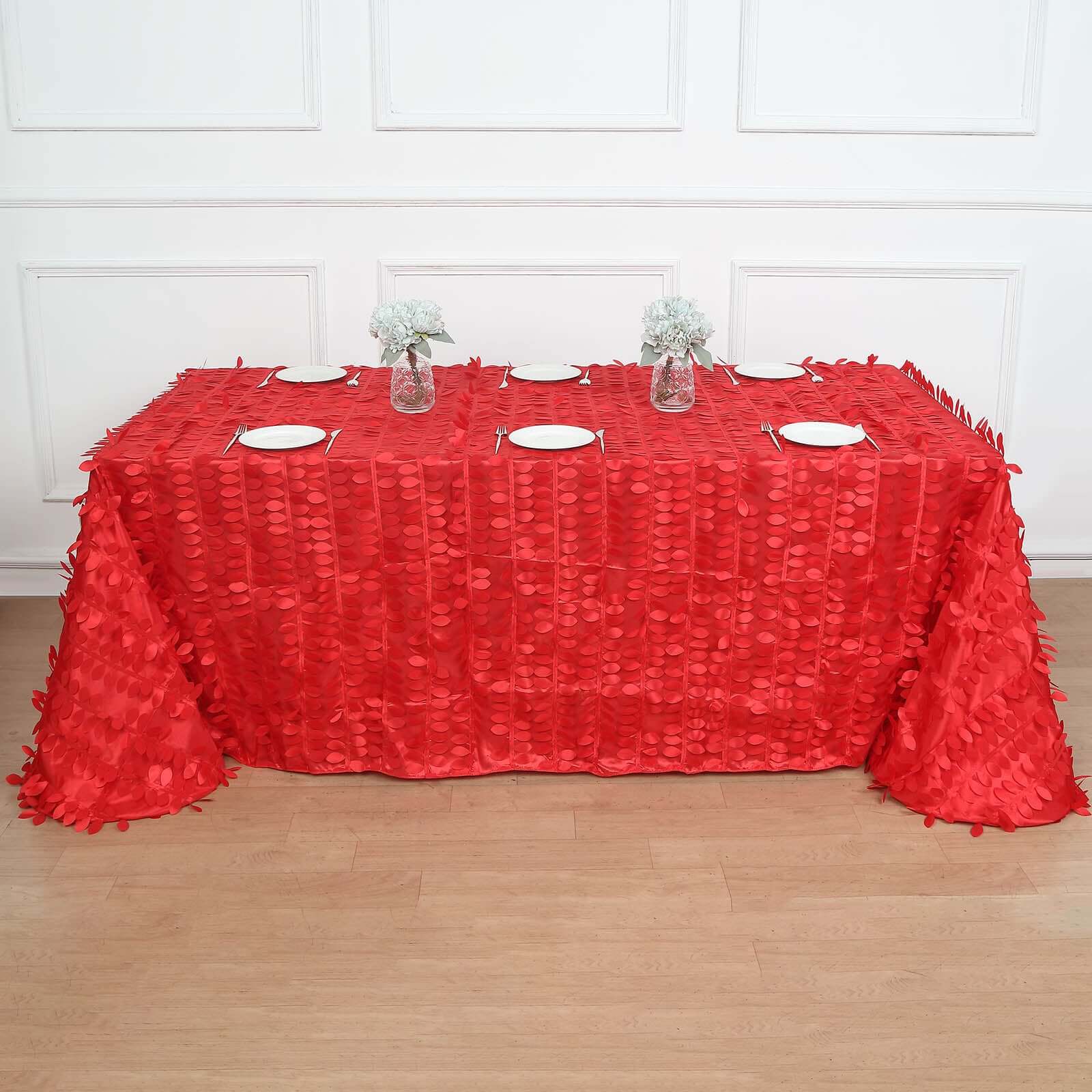 Taffeta 90"x156" Rectangle Tablecloth Red | 3D Leaf Petal Design Seamless Table Cover