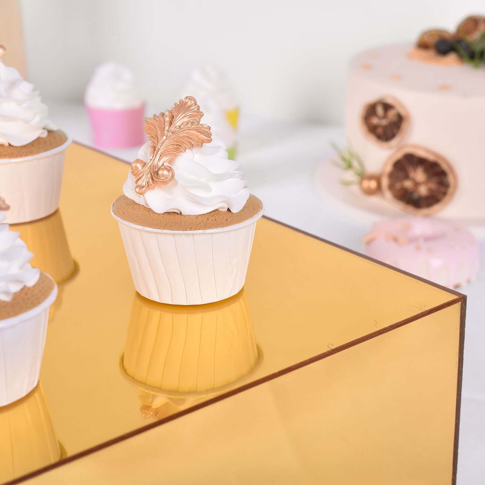 Acrylic Cake Box Stand Pedestal Riser Mirror Finish Gold - Display for Desserts and Events 14"x14"