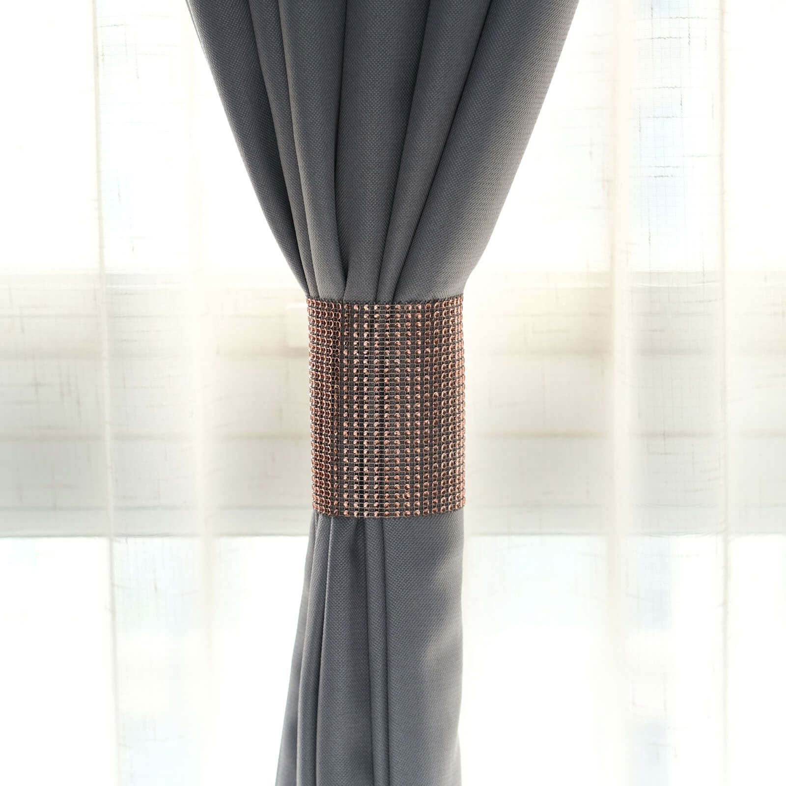 4 Pack Rose Gold Rhinestone Mesh Velcro Backdrop Curtain Bands, Large Chair Sash Clip Tie Backs - 5"X10"