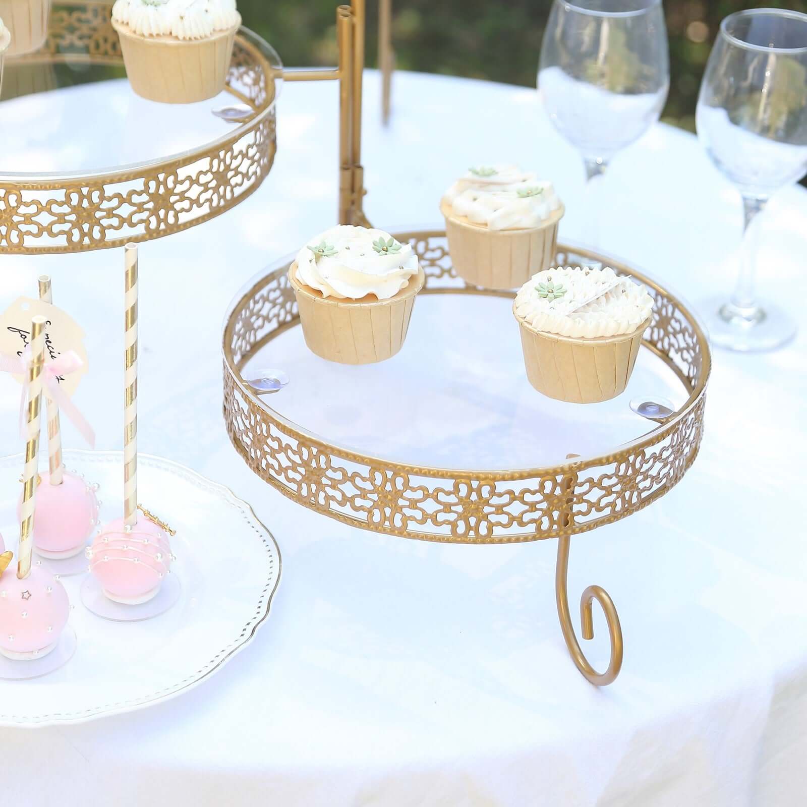 3-Tier Metal Rotating Cupcake Stand with Clear Acrylic Round Plates Gold - Hollow Lace Design Dessert Display 28"