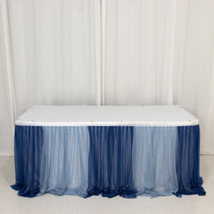 14ft Sheer Pleated Ruffle Skirting Chiffon Table Skirt - Navy Blue and Dusty Blue, Shimmer Sheer, Wrinkle-Free Fabric