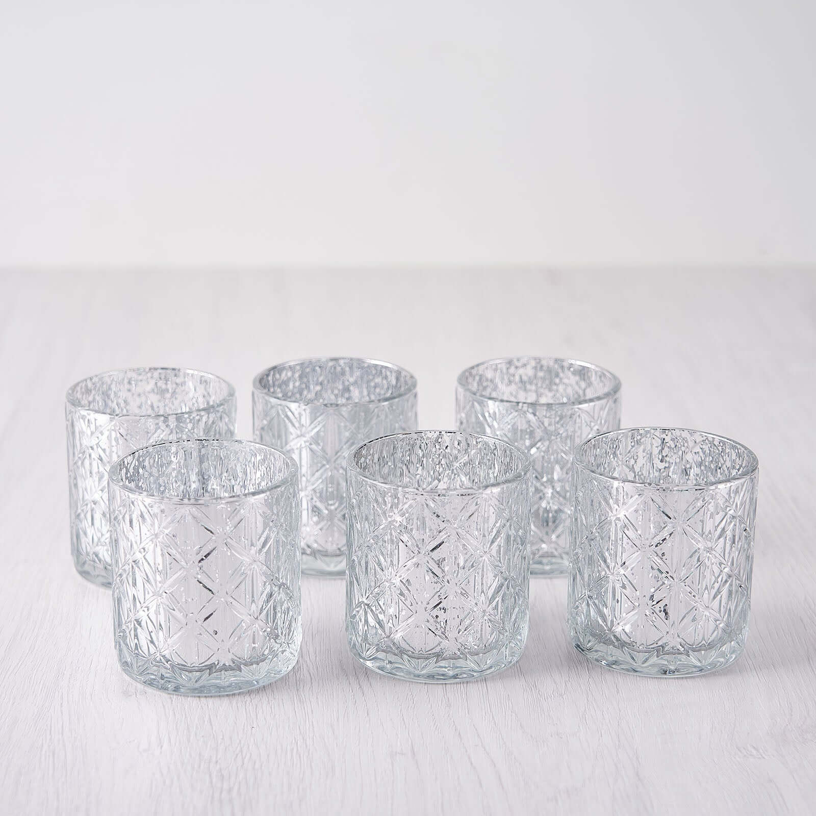 6-Pack Mercury Glass Candle Holders Shiny Silver with Geometric Design - Votive Tealight Holders 3"