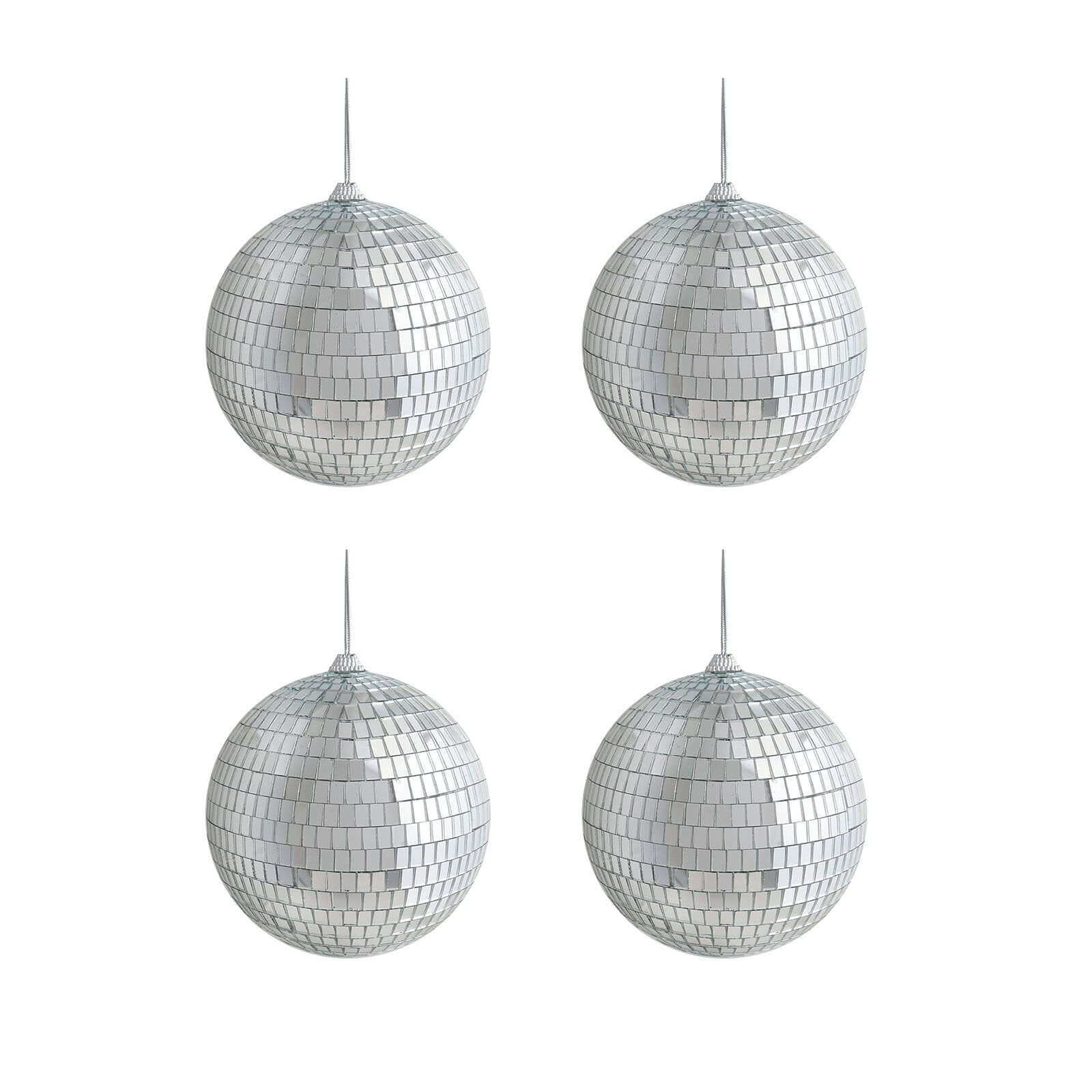 4 Pack 4" Silver Foam Disco Mirror Ball With Hanging Strings, Holiday Christmas Ornaments