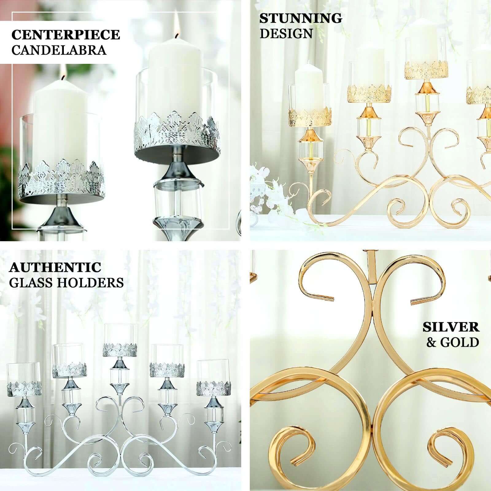 5-Arm Metal Table Candelabra Antique Gold Crown Top Design - Stylish Horizontal Table Centerpiece with Glass Votive Holders 18"