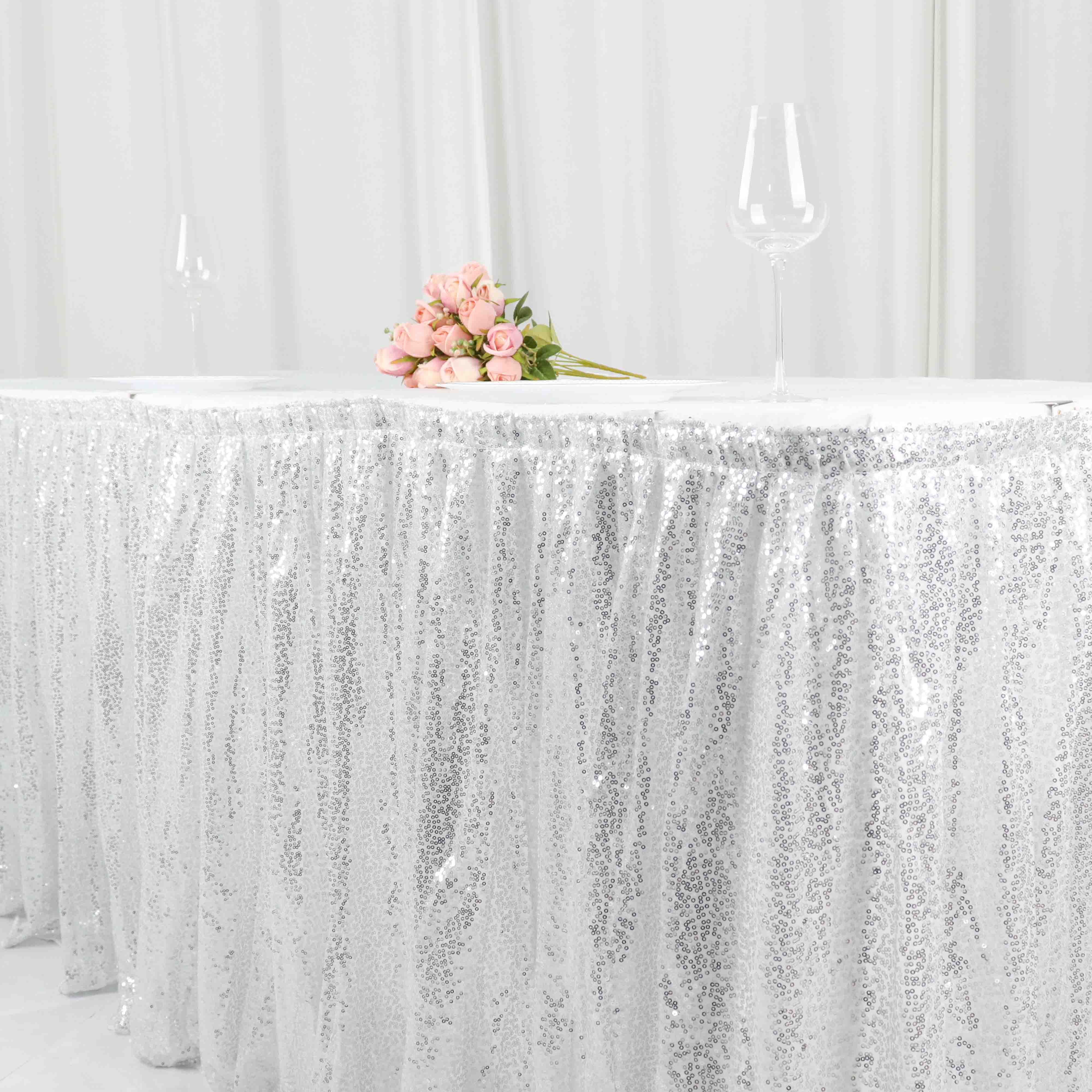 Sequin 17ft Table Skirt Silver - Pleated Satin With Top Velcro Strip