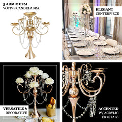 Metal Candelabra 5 Arm Design Gold with Hanging Crystal Drops - Table Centerpiece for Events 27"