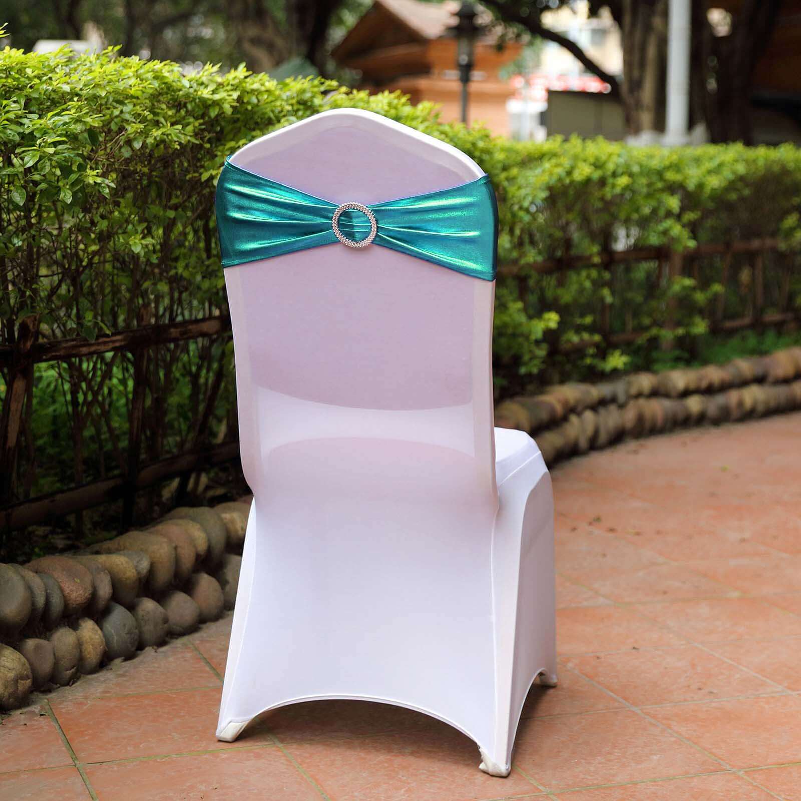 5 Pack Metallic Spandex Chair Sashes Peacock Teal - Stretch Fit Chair Bands With Round Diamond Buckles