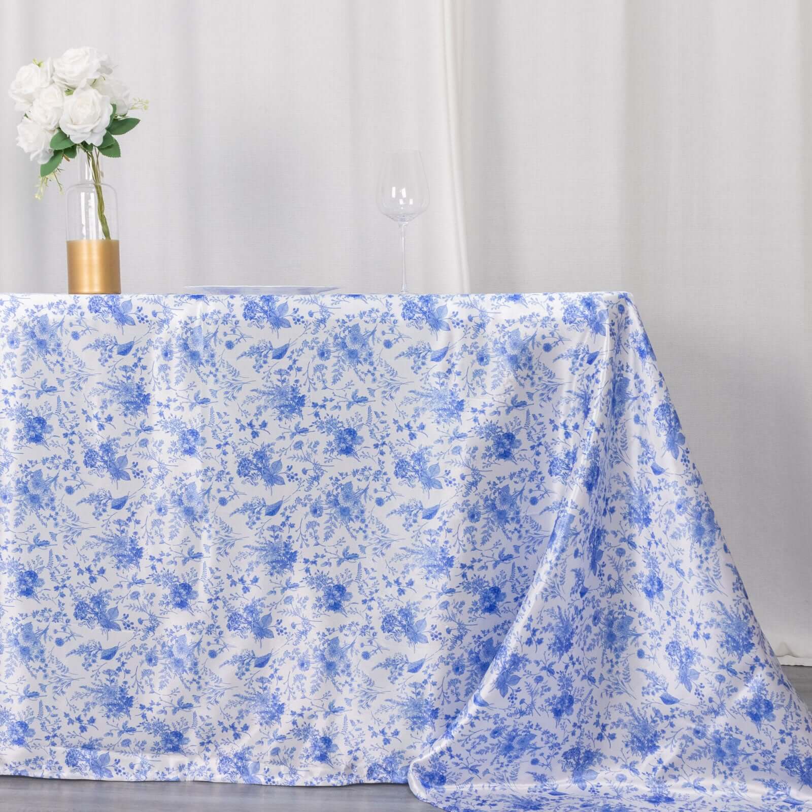 Satin Rectangular 90"x132" Tablecloth White/Blue French Toile Design - Seamless Stylish & Wrinkle-Resistant Table Cover