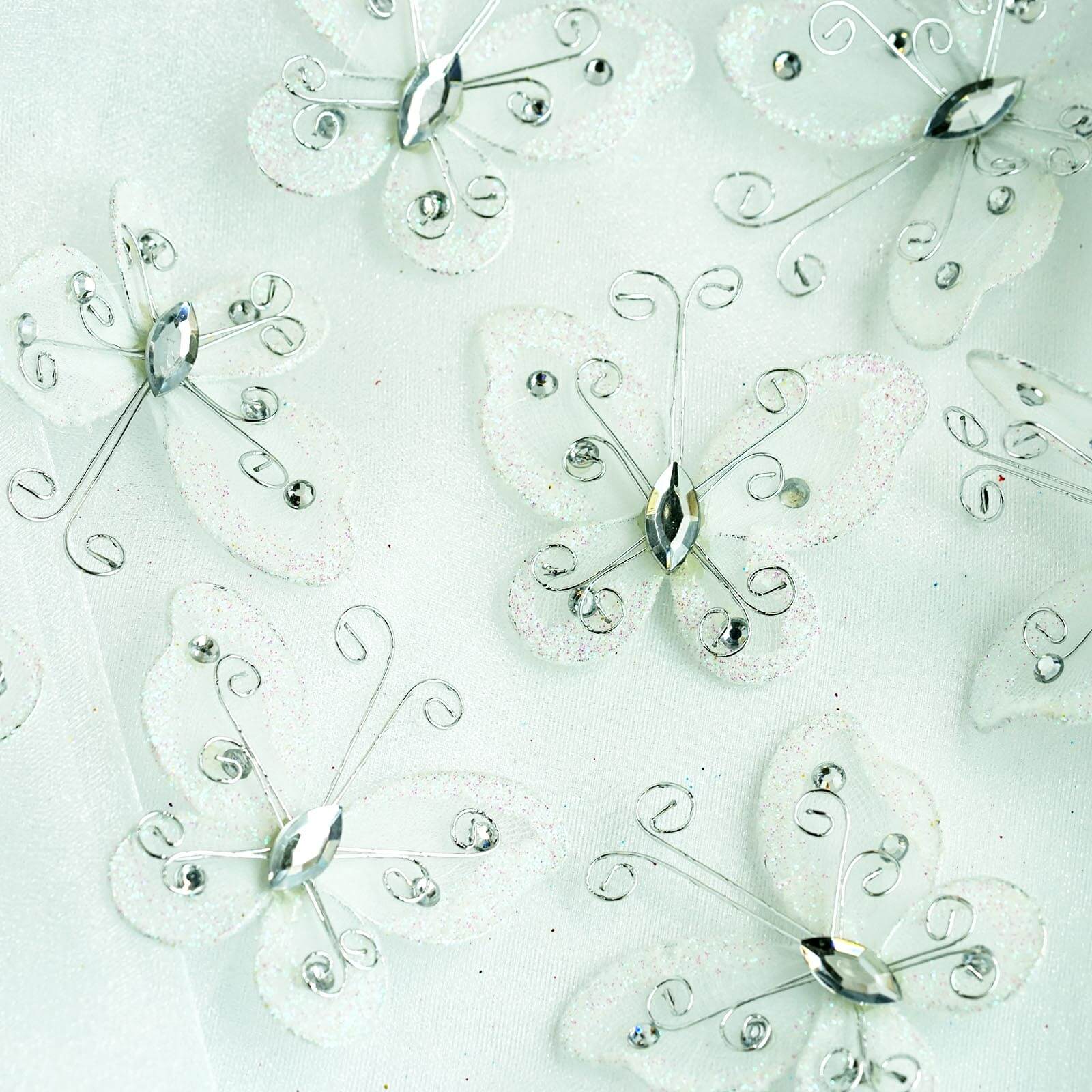 12 Pack 2" White Diamond Studded Wired Organza Butterflies