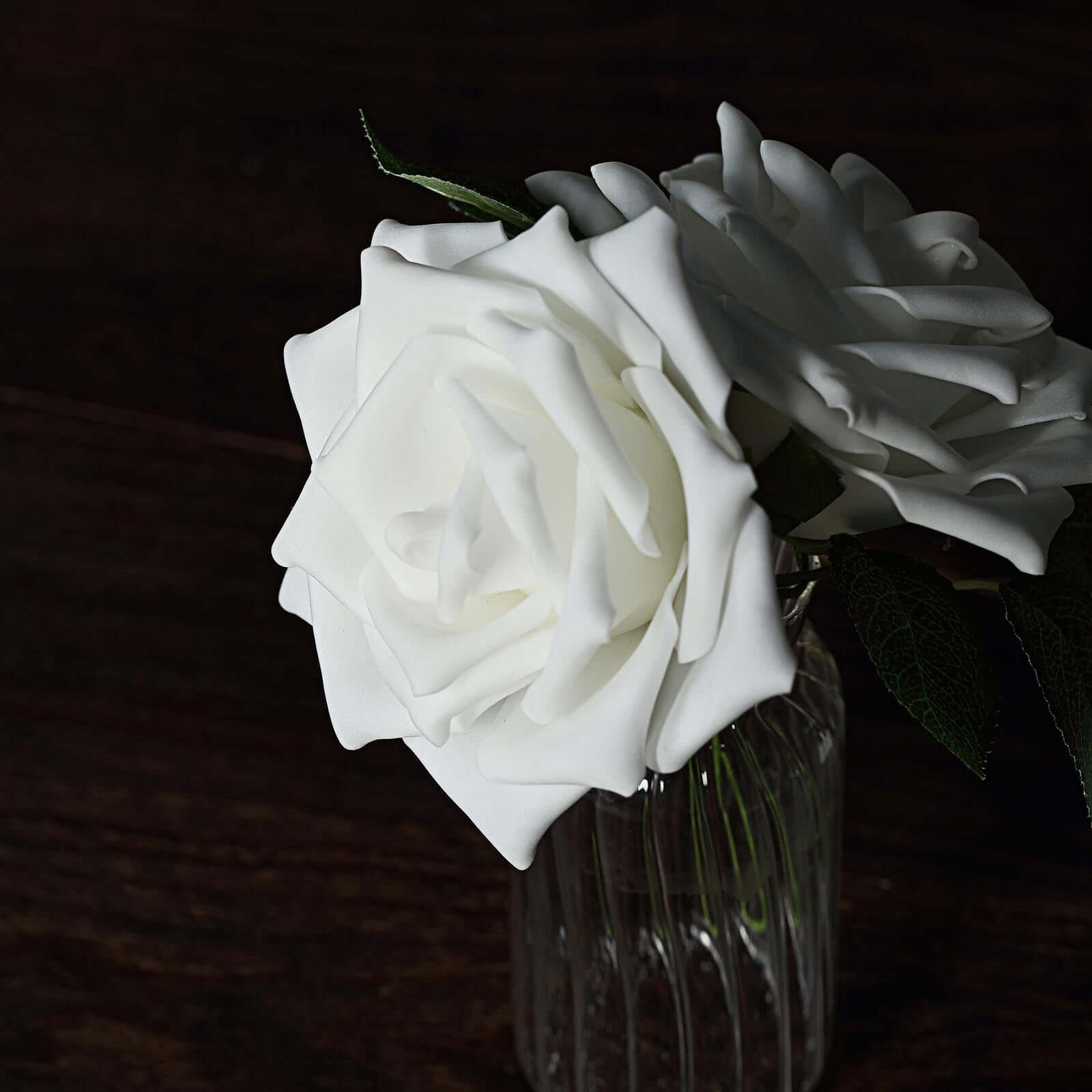 24 Roses 5" White Artificial Foam Flowers With Stem Wire and Leaves