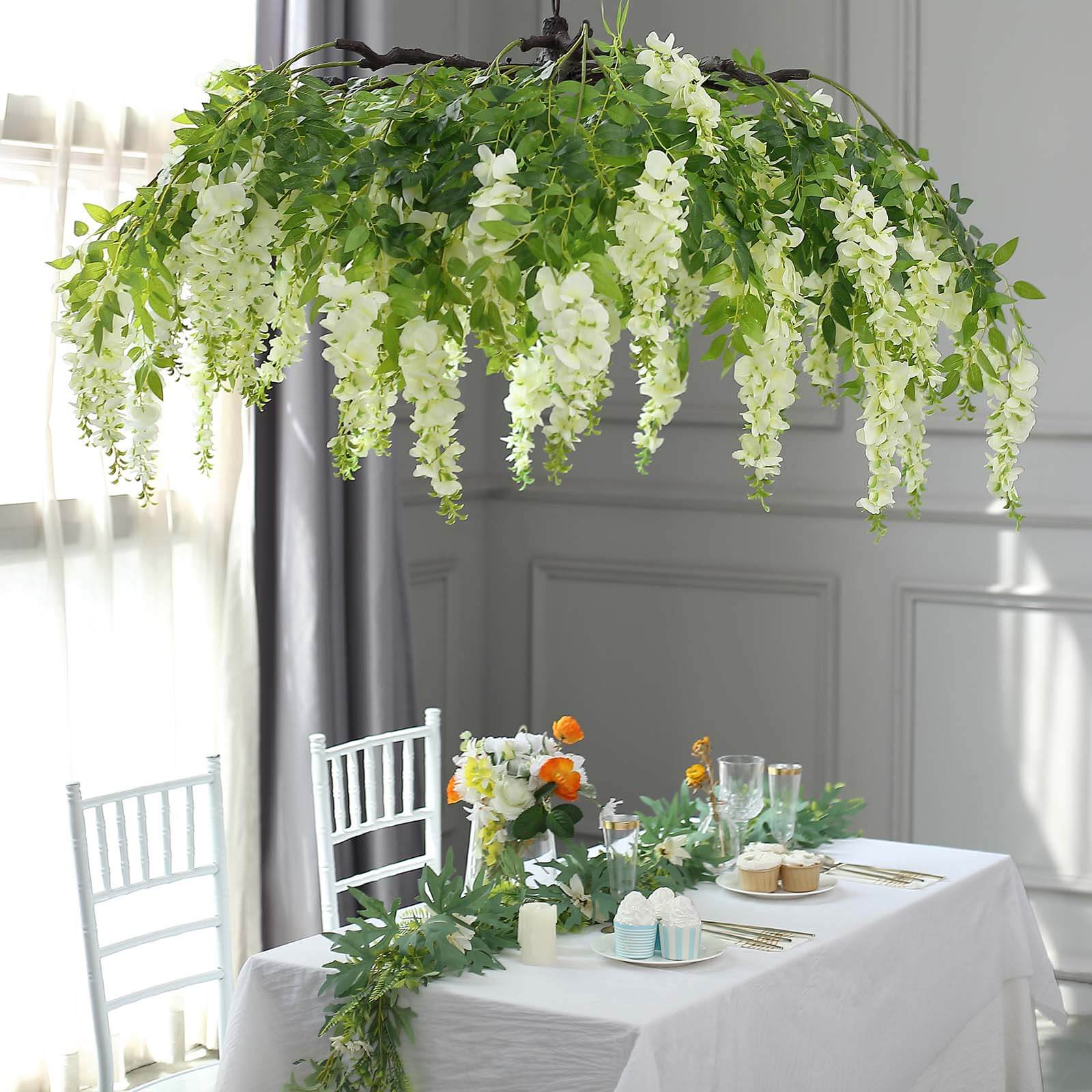 55" Cream Artificial Silk Hanging Wisteria Vine Flower Chandelier, Round Draping Garland Canopy With Interchangeable Branches