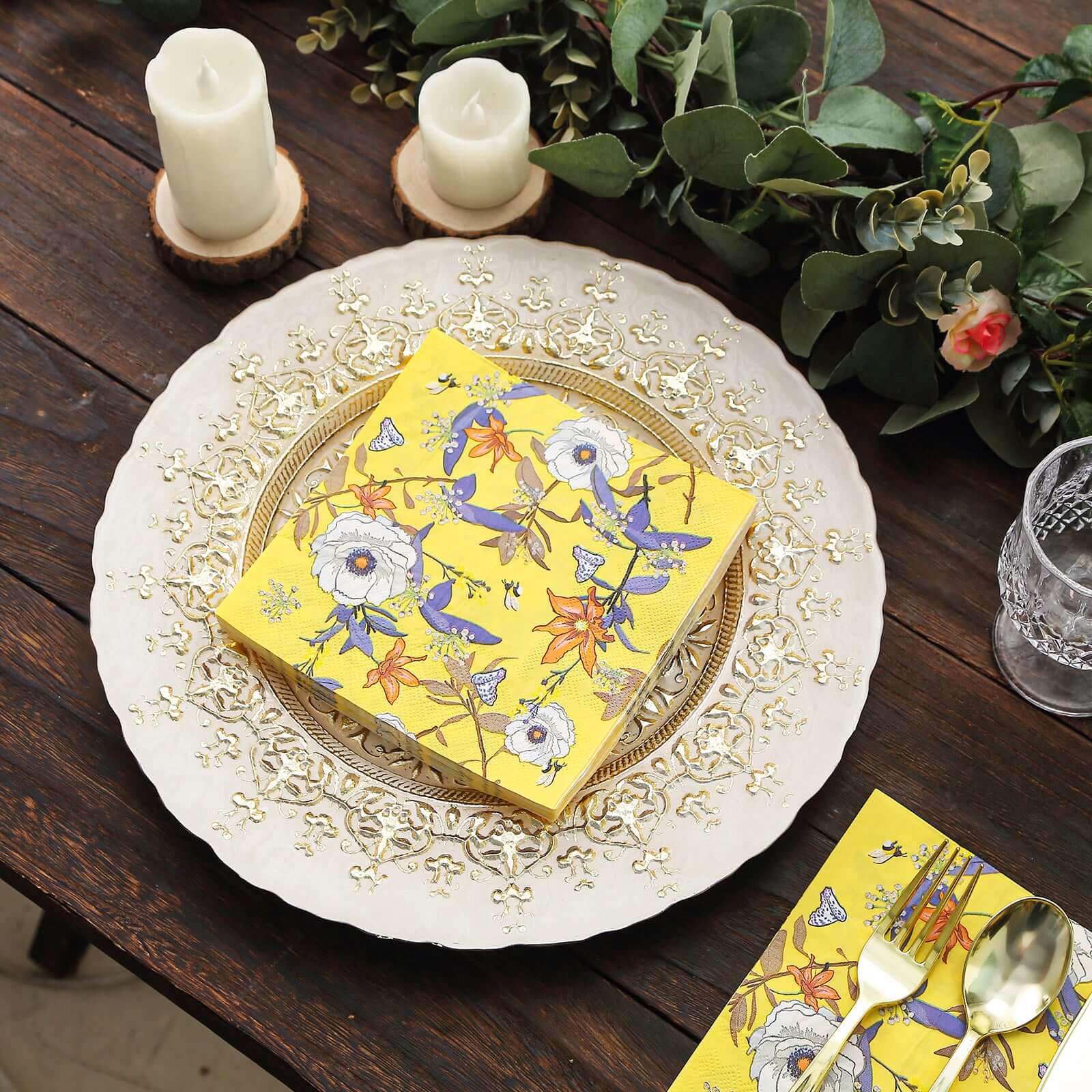 20-Pack Paper Beverage Napkins with Blooming Flowers Design Yellow - 2 Ply Soft 18GSM Floral Wedding Napkins 6.5"x6.5"