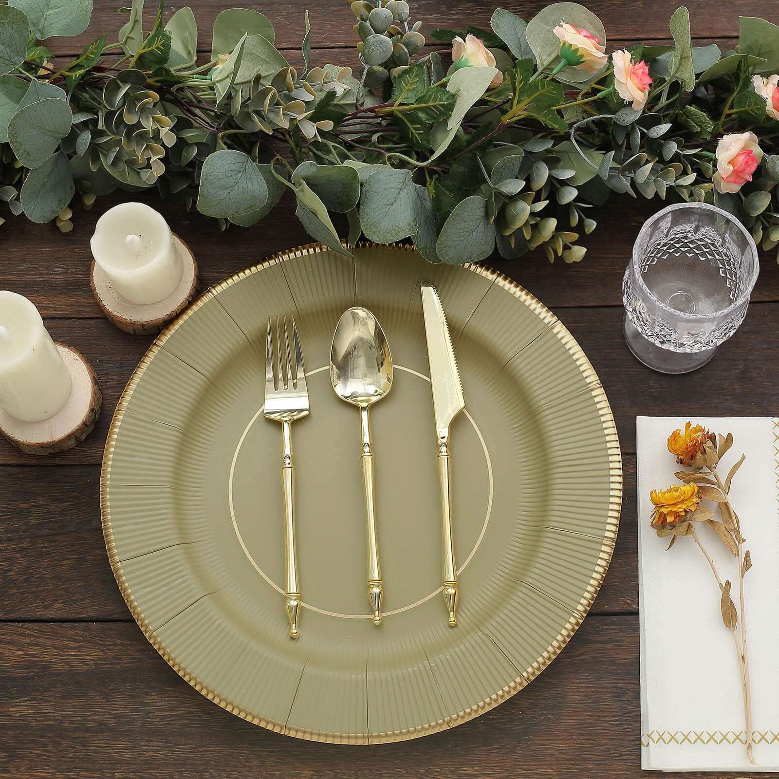 25-Pack Disposable Round Charger Plates in Khaki Sunray Design with Gold Rim - 350GSM Heavy Duty Paper Chargers 13"