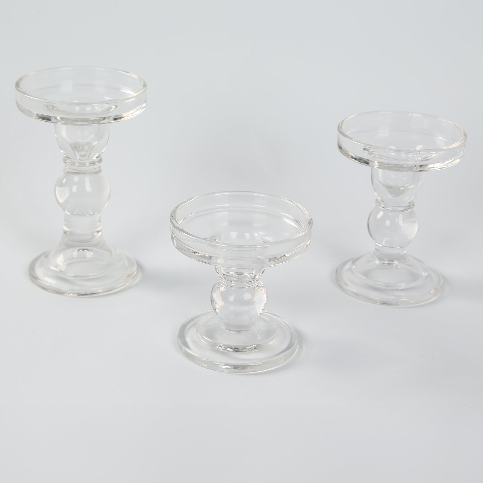 Set of 3 Glass Pillar Candle Holders Clear with Round Tray - Crystal Ball Stem Taper Candlestick Tea Light Stands 3.5", 4.5", 5.5"