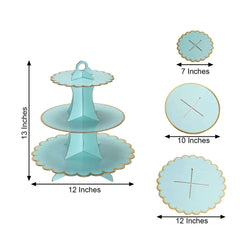 3-Tier Cardboard Cupcake Stand Light Blue - Sturdy & Collapsible Dessert Treat Tower with Gold Scalloped Rim for Baby Shower Wedding & Party Decor 13"