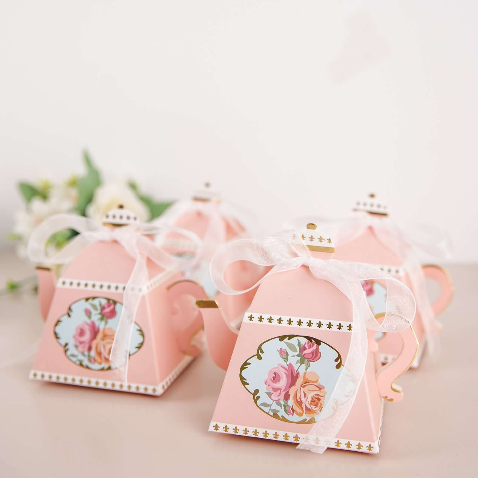 25 Pack 4" Dusty Rose Mini Teapot Favor Boxes, Vintage Rose Gift Boxes with Ribbons