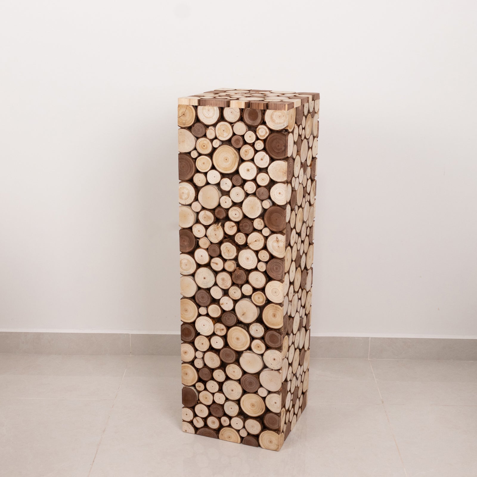 36" Natural Wooden Slices Pillar Prop Pedestal Stand, Rustic Farmhouse Wood Riser Rectangular Plant Stand