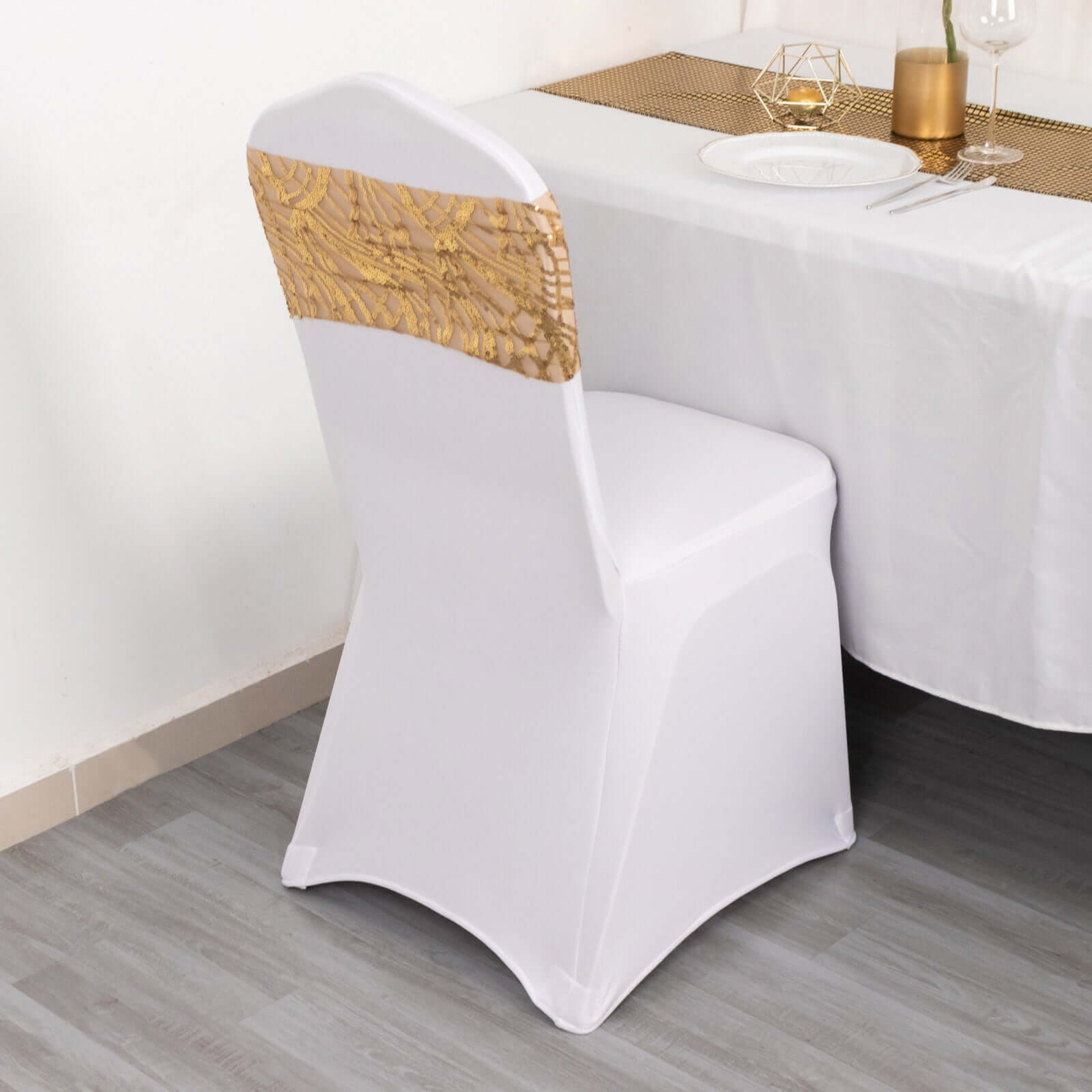 5 Pack Chair Sash Bands with Wave Embroidered Sequins Gold - Gleaming Accent for Weddings & Banquets