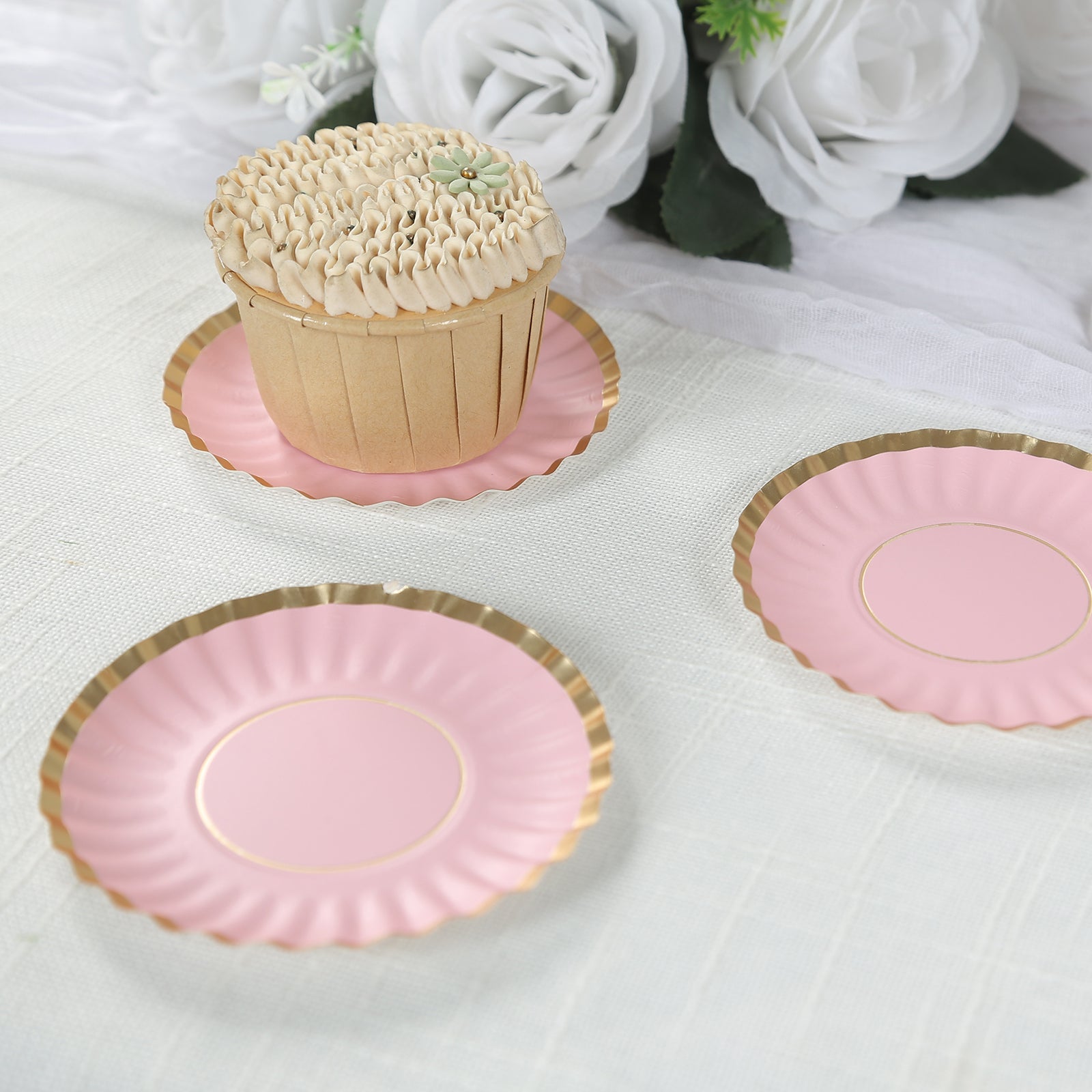 50-Pack Paper 3.5" Round Party Plates in Blush with Gold Scalloped Rim - Disposable Mini 250GSM Dessert Plates for Tapas, Appetizers & Finger Foods