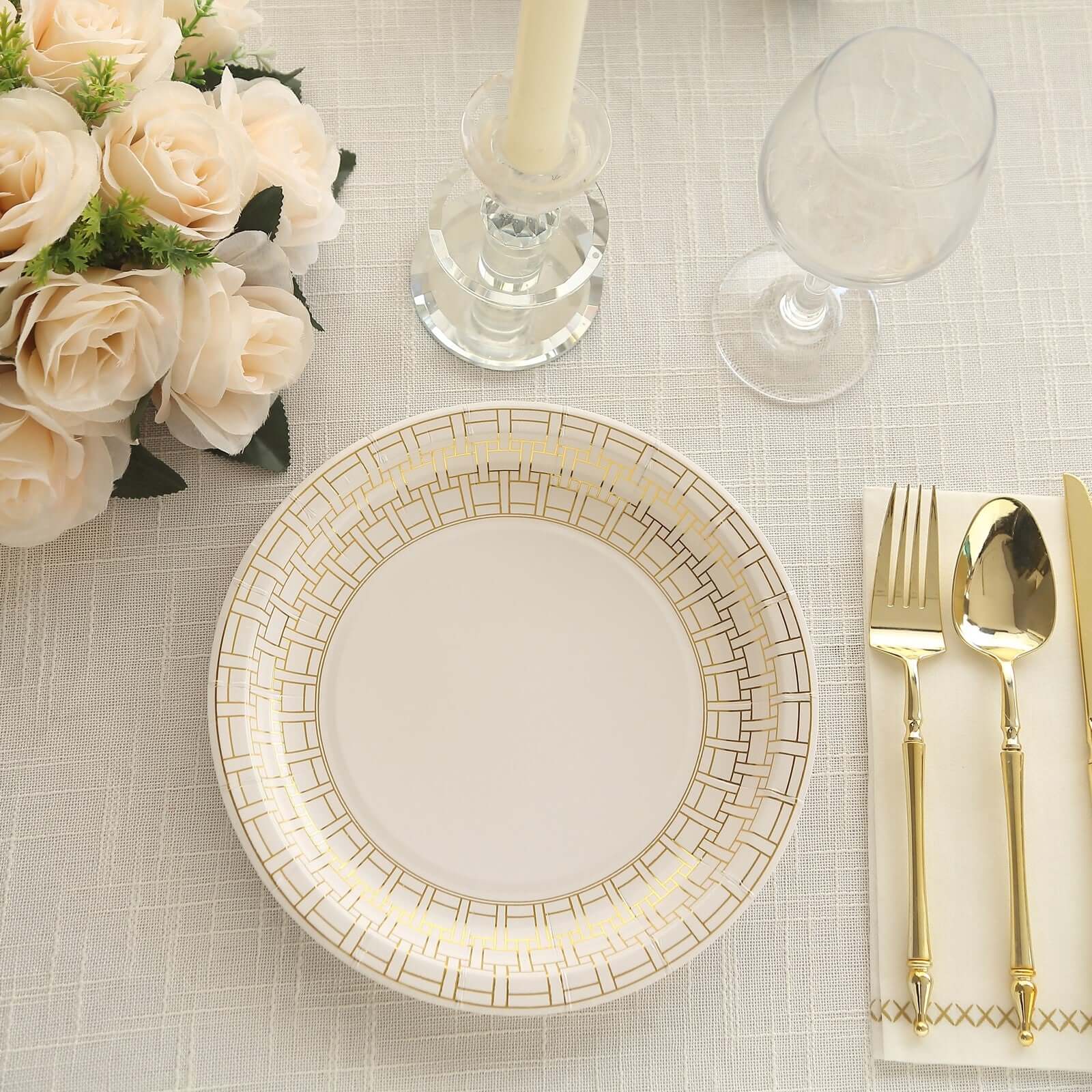 25-Pack Paper 9" Round Dinner Plates in White with Gold Basketweave Rim - Disposable Party Plates for Stylish Soirées & Festive Brunches