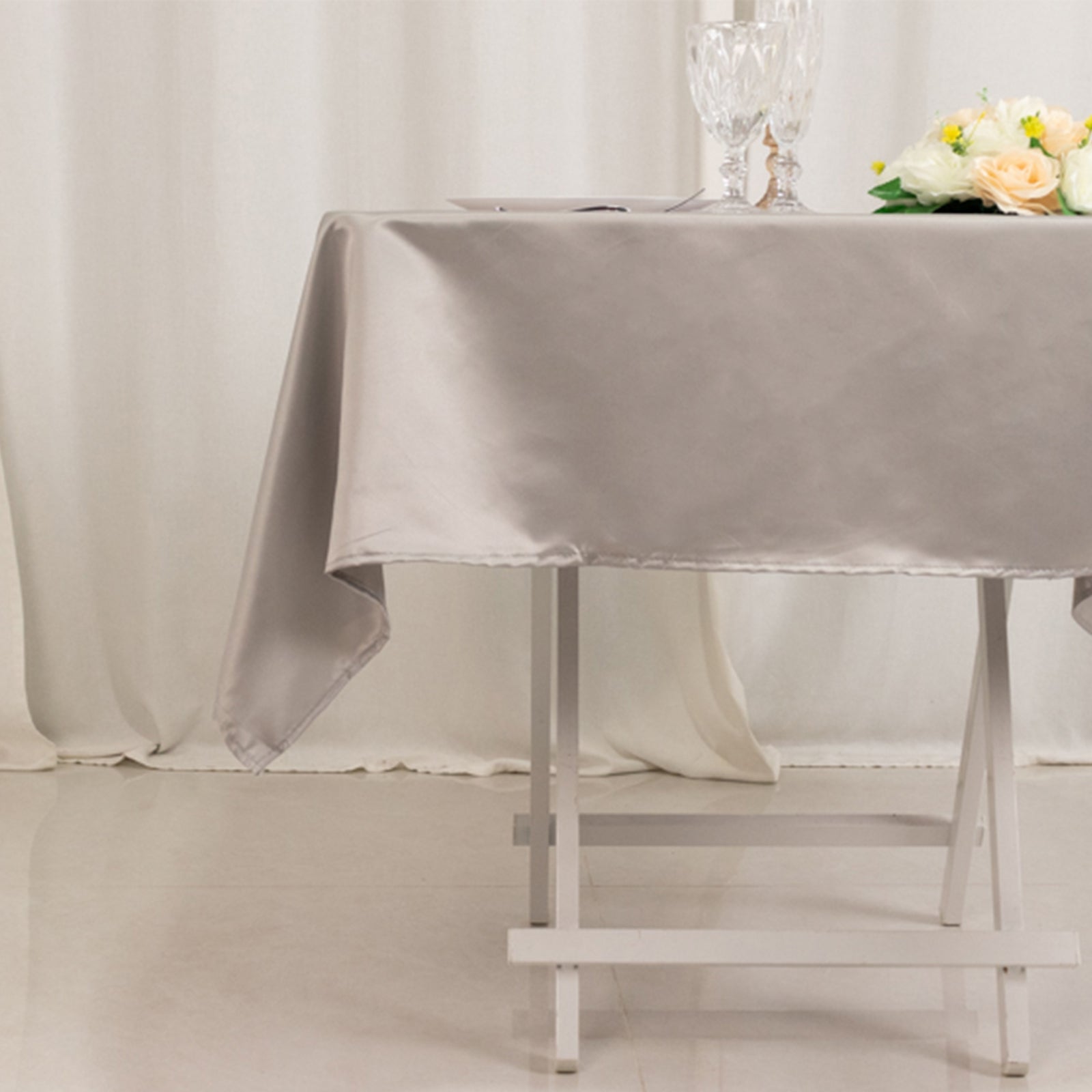 Lamour Satin 54"x54" Square Tablecloth Silver - Durable & Silk-Like Table Cover