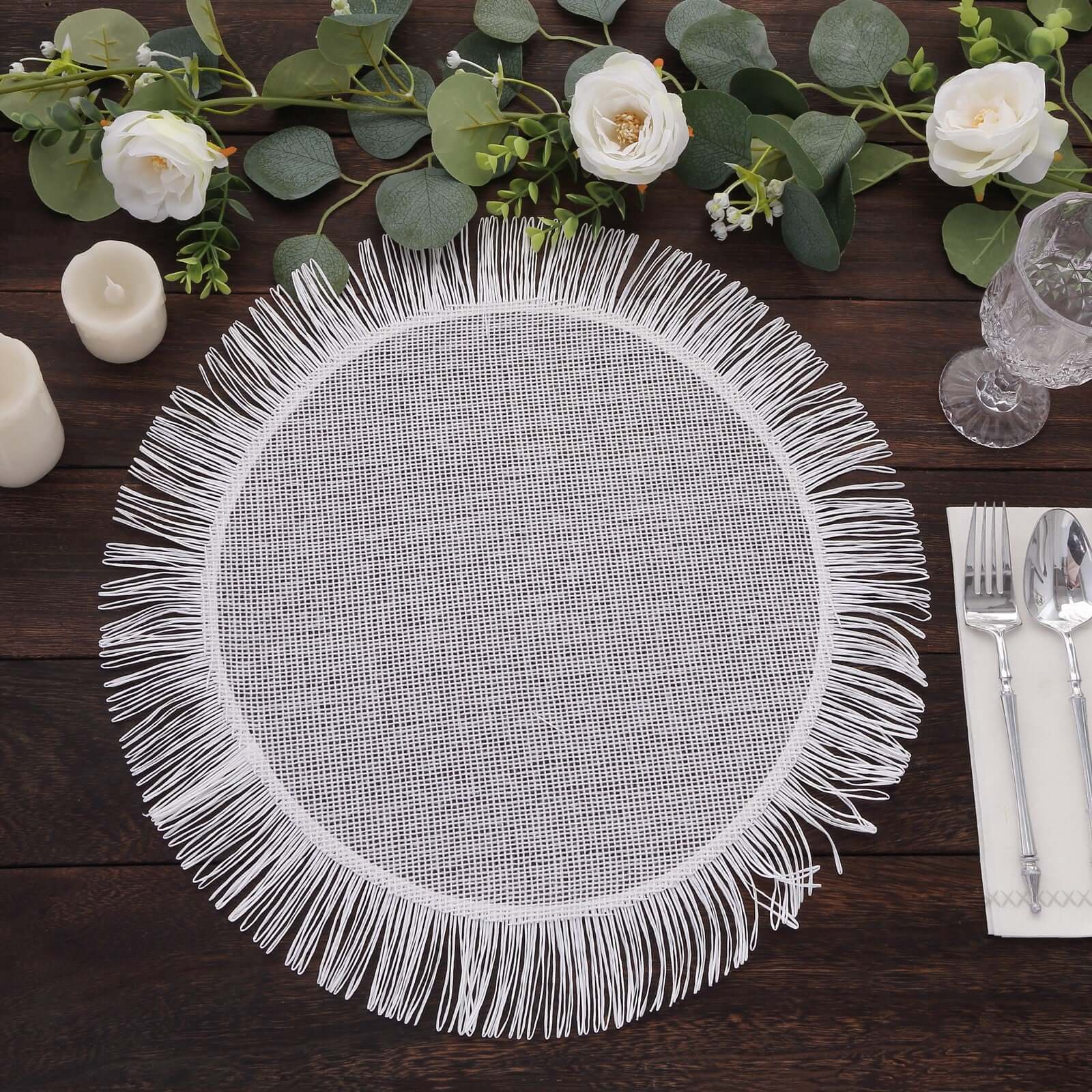 4-Pack Placemats Fringe Edge Design White Jute Round - Rustic Boho Chic Burlap Table Decor 16"