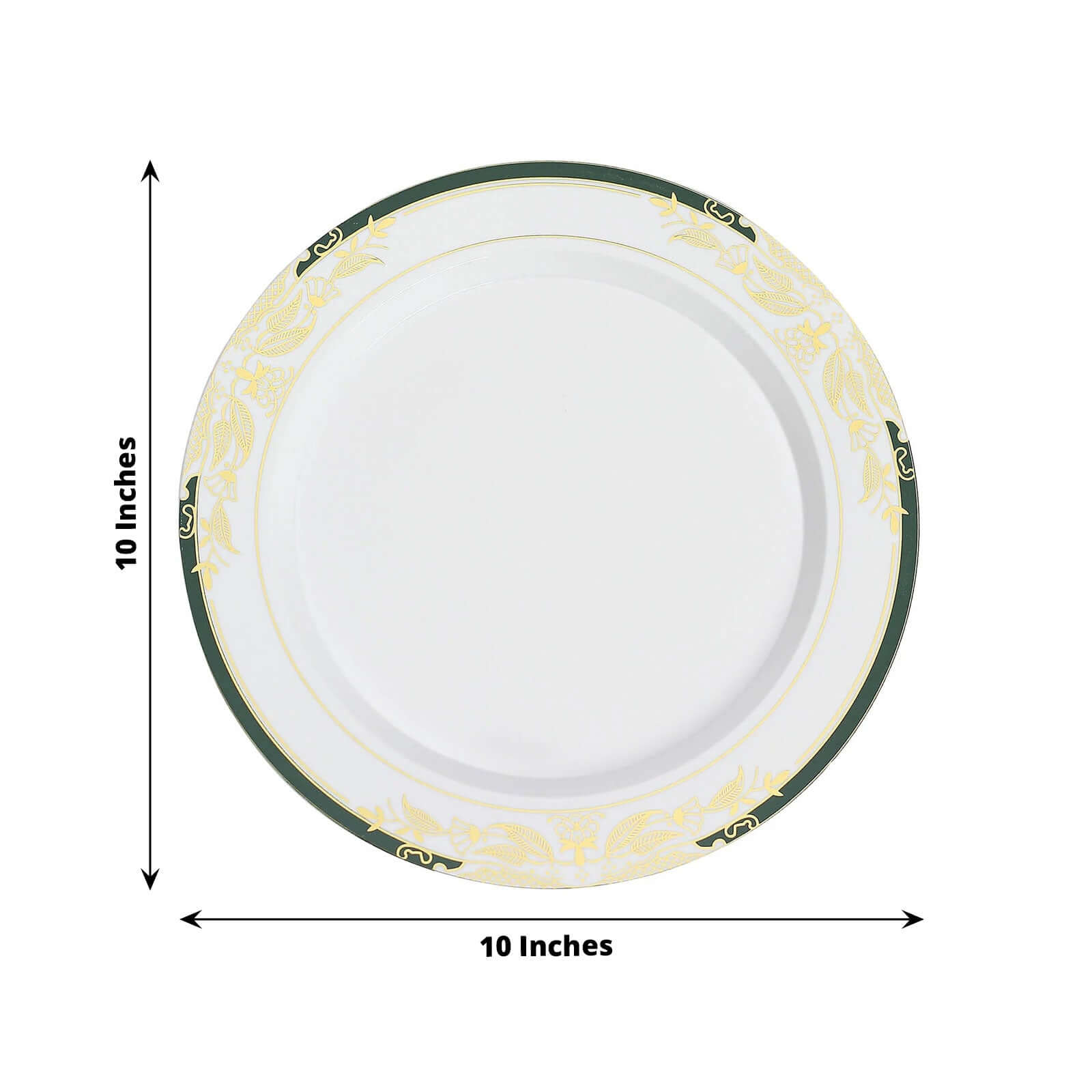 10-Pack Plastic 10" Round Dinner Plates in White with Hunter Emerald Green Rim for Events