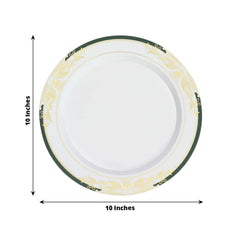 10-Pack Plastic 10" Round Dinner Plates in White with Hunter Emerald Green Rim for Events