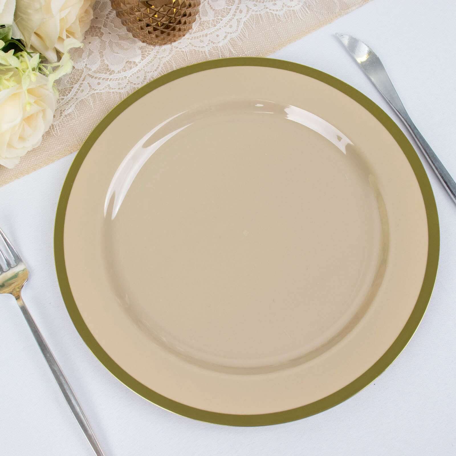 10-Pack Plastic 10" Round Dinner Plates in Taupe with Gold Rim - Disposable Party Plates for Classy Banquets & Special Occasions