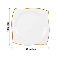 10-Pack Plastic 10" Square Dinner Plates in White with Gold Wavy Rim Modern - Disposable Party Plates for Luxe Events & Banquets