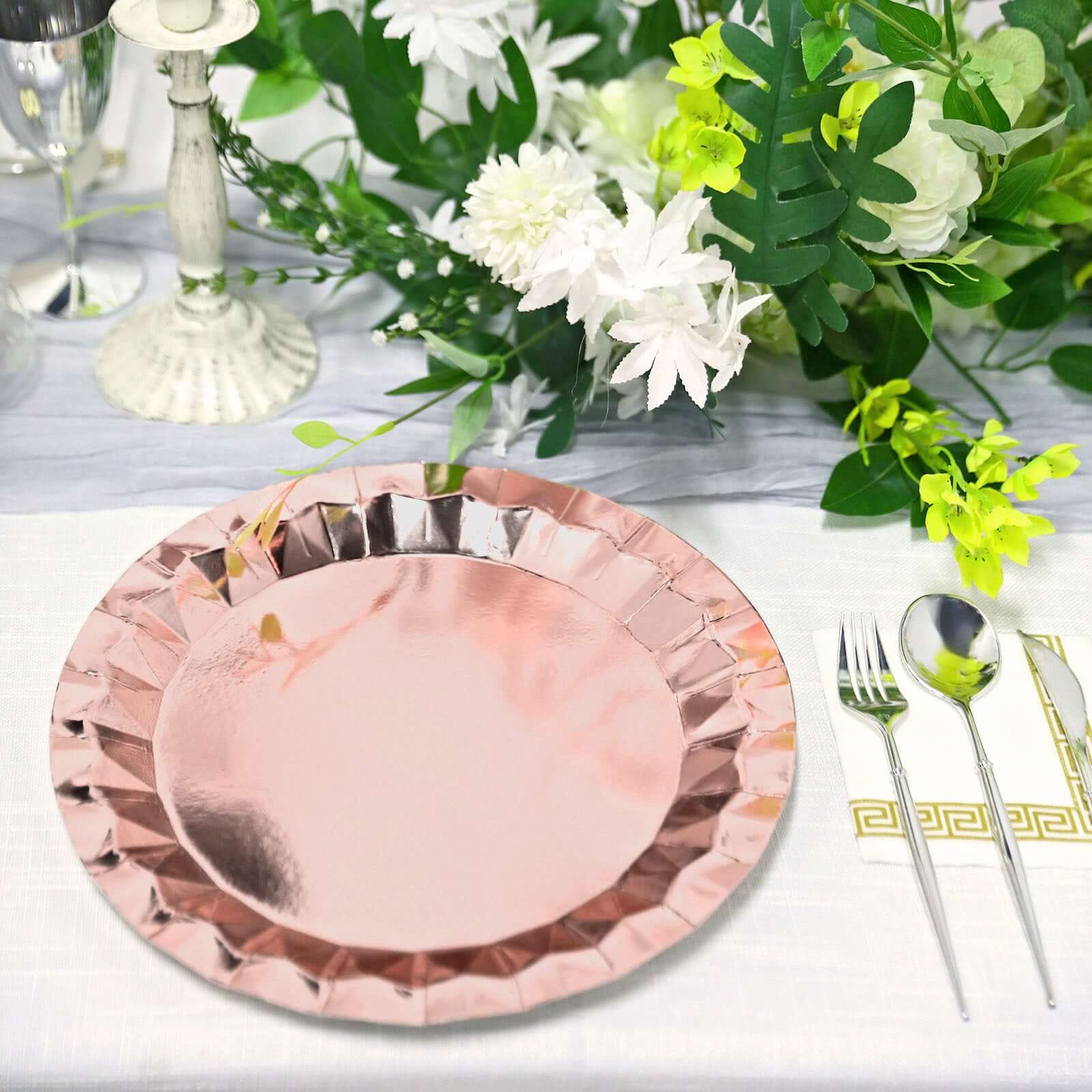 25-Pack Paper 12" Round Charger Plates in Metallic Rose Gold with Geometric Prism Design - Disposable 400GSM Serving Trays
