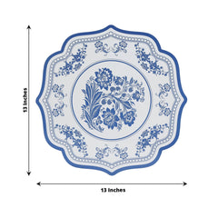 10 Pack Cardboard Paper Table Mats with White Royal Blue Damask Floral Pattern, 13" Round Disposable Placemats with Scalloped Rim - 400 GSM