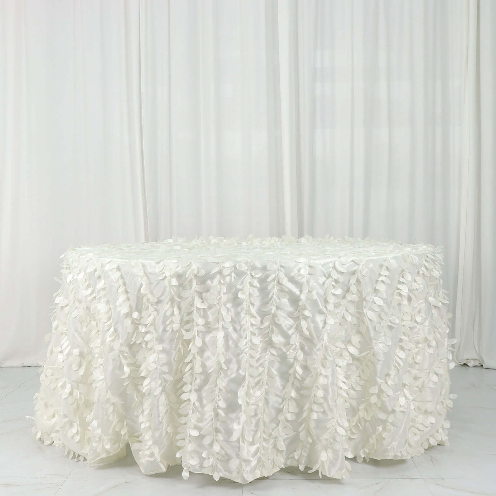 Taffeta 132" Round Tablecloth Ivory | 3D Leaf Petal Design Seamless Table Cover