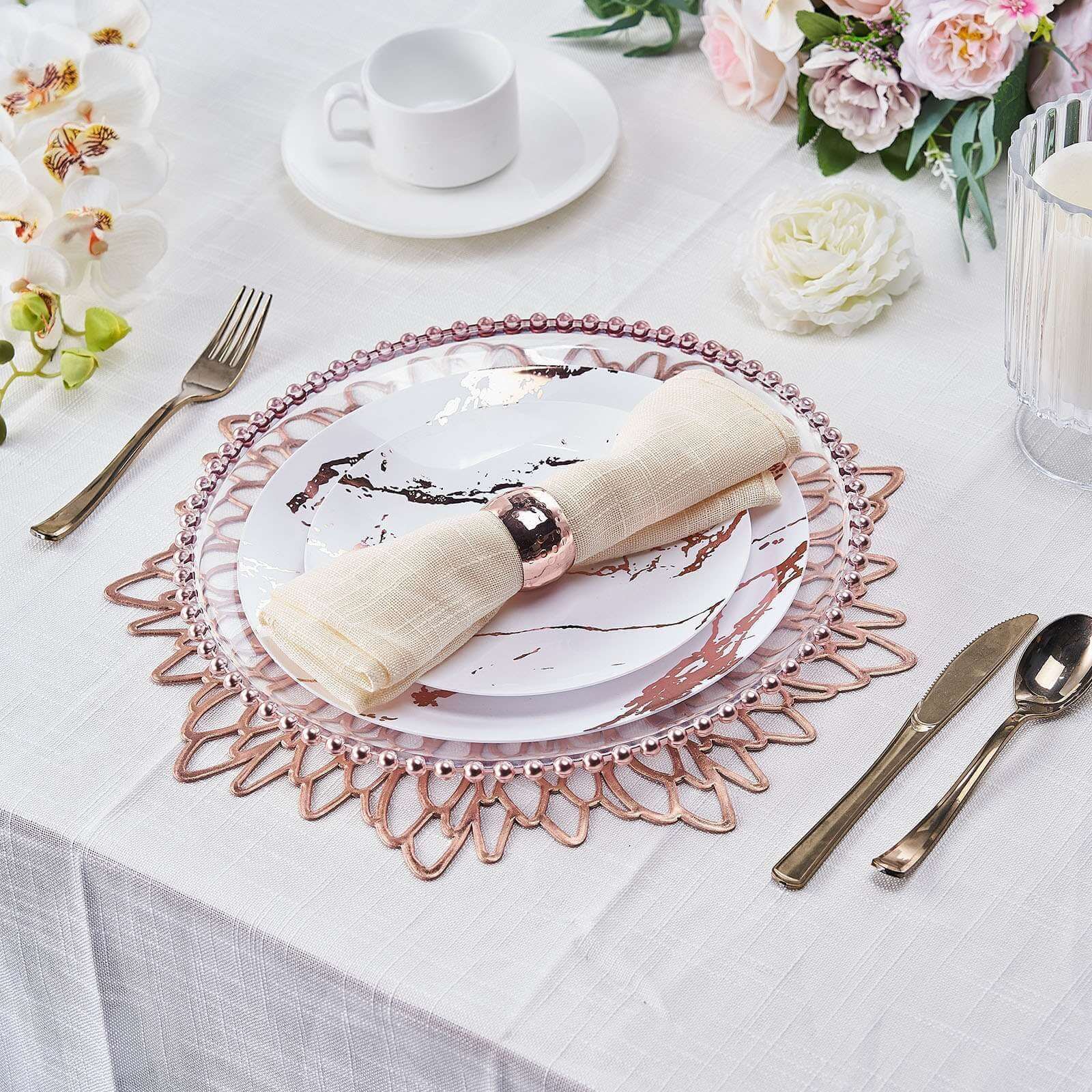 6-Pack Dining Table Mats Floral Design Rose Gold - Metallic Vinyl Round Non-Slip Mats for Tables 15"