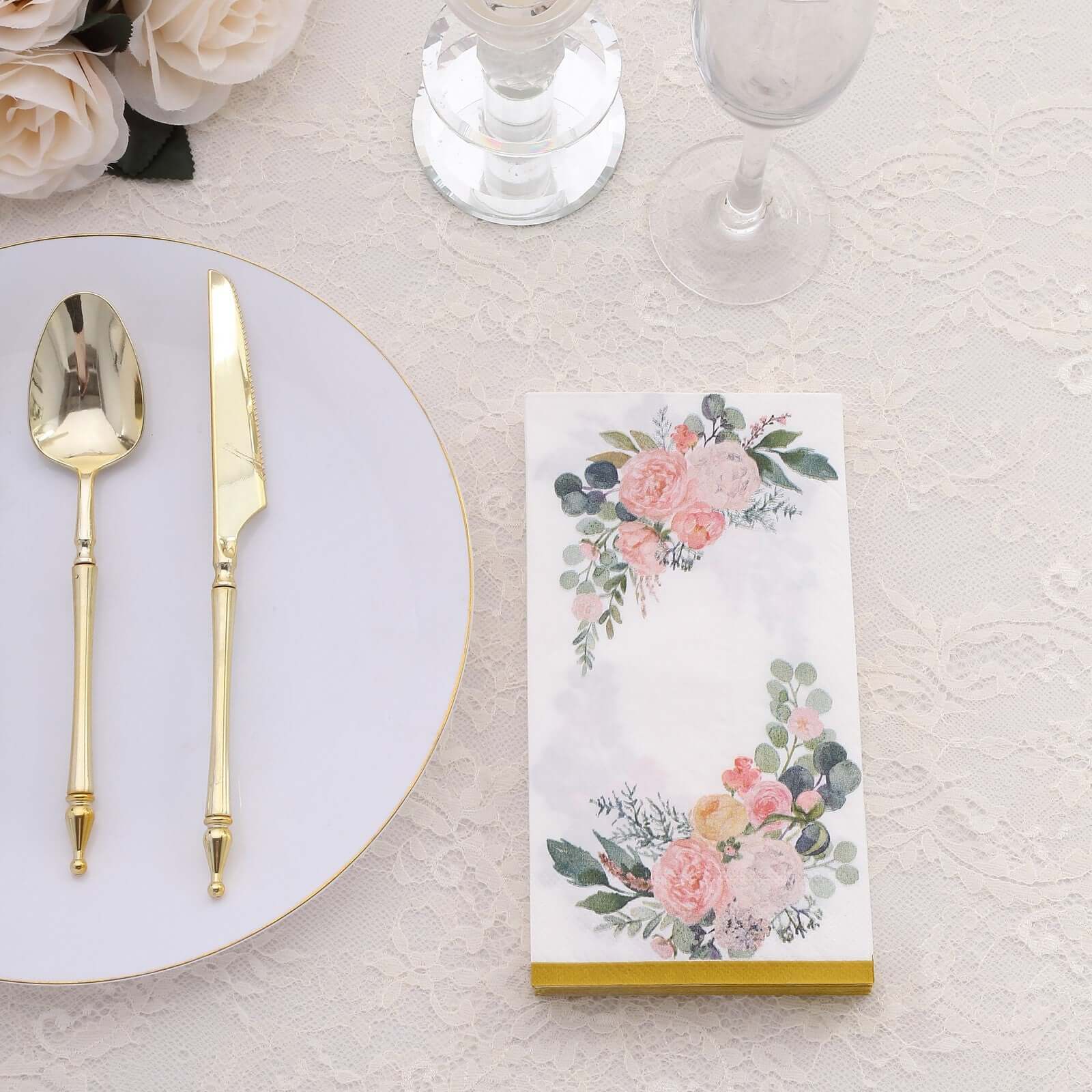 20-Pack Paper Dinner Napkins White with Pink Peony Flowers and Gold Edge 2-Ply - Stylish Disposable Napkins for Events