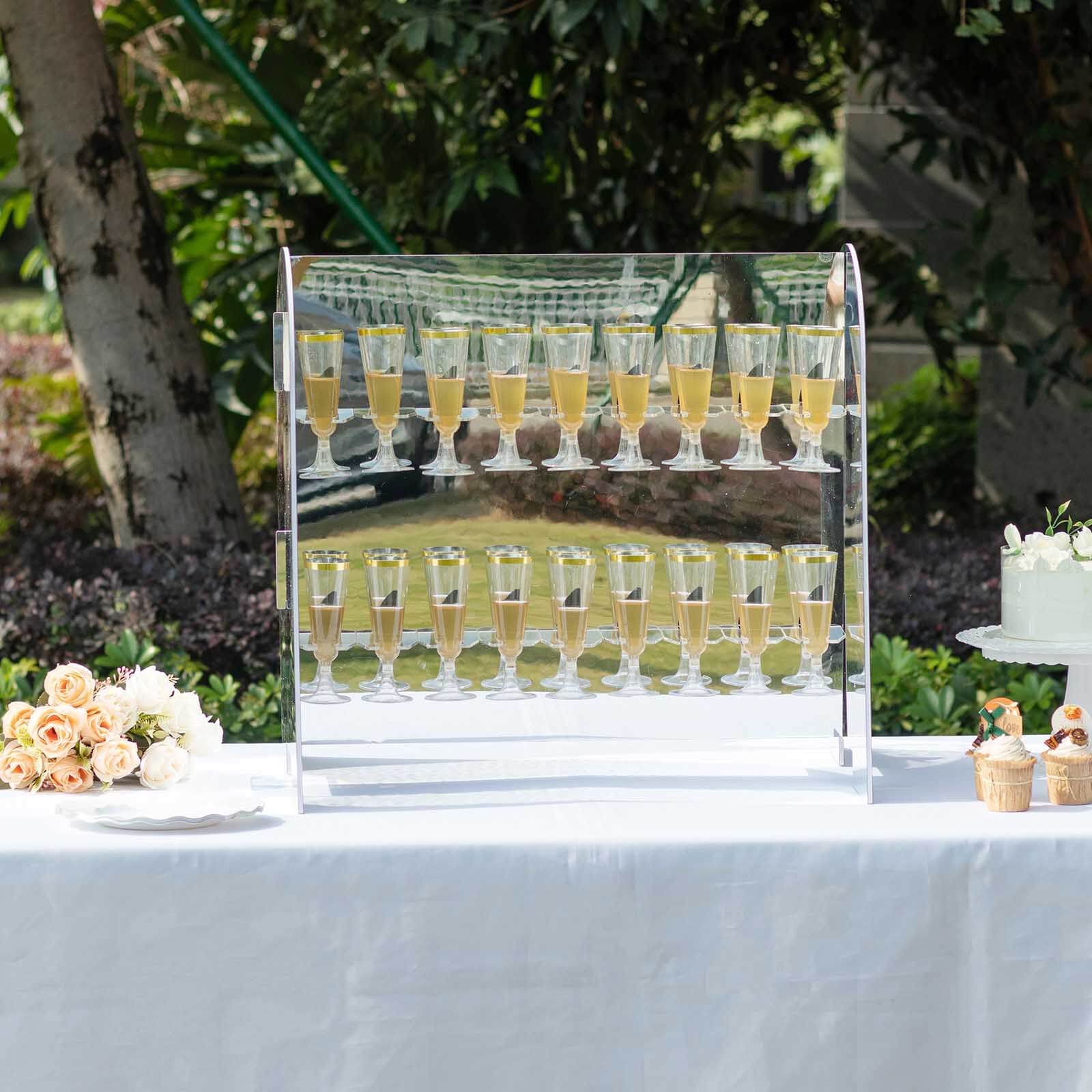 2-Tier Champagne Glass Holder Display Stand Table Top in Silver Mirror Finish - Modern Stemware Rack Cocktail Drink Holder with 18 Hooks for Events & DIY Bars 25"