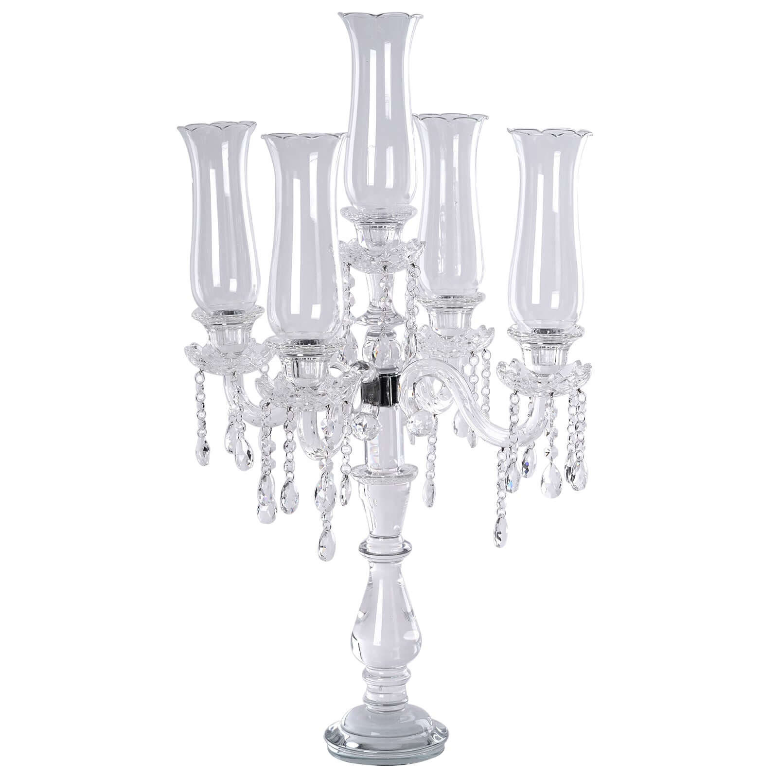 5 Arm Crystal Glass Taper Candle Holder Candelabra, Stylish Table Centerpiece With Chandelier Chains 32"