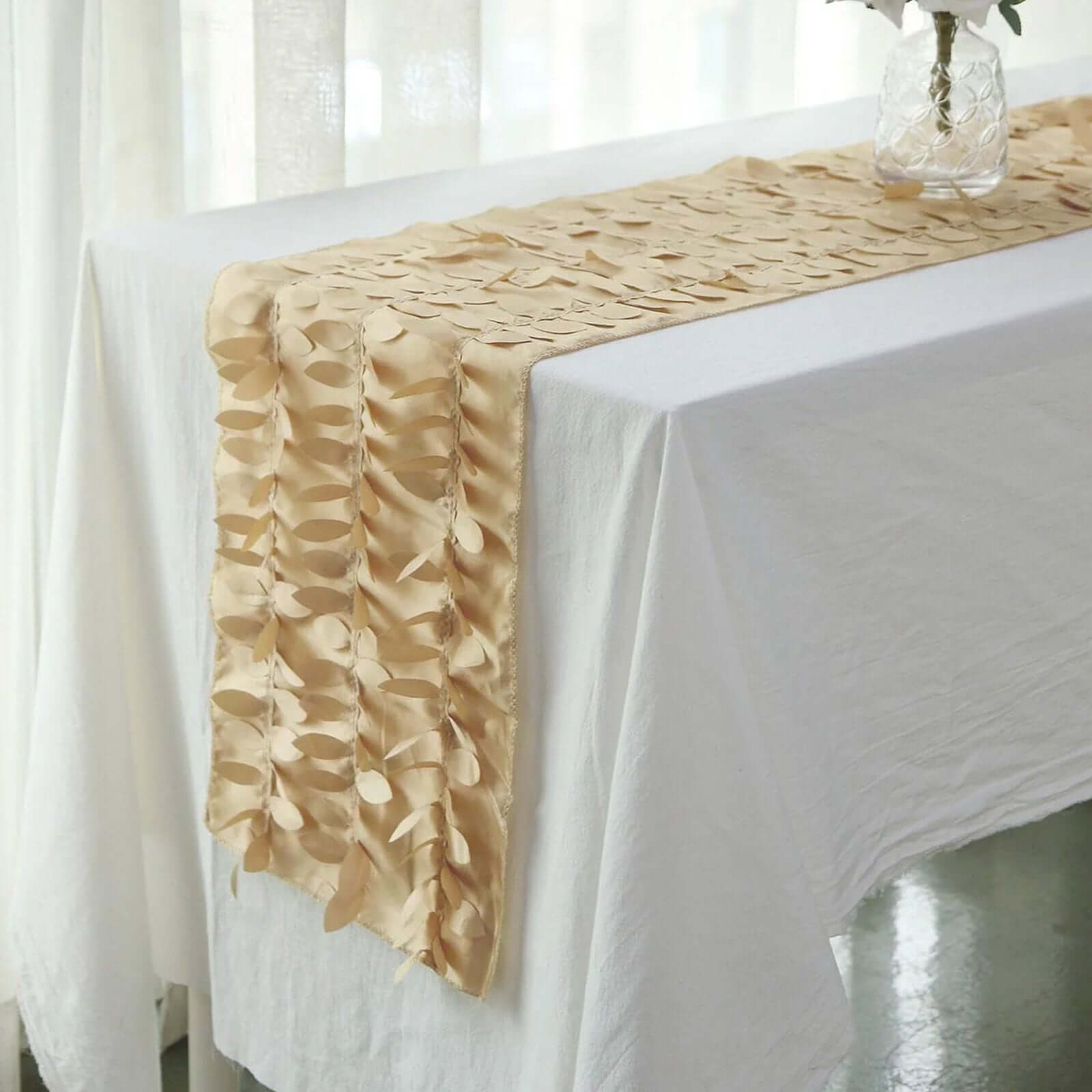 Taffeta Fabric 12"x108" Table Runner Champagne - 3D Leaf Petal Design