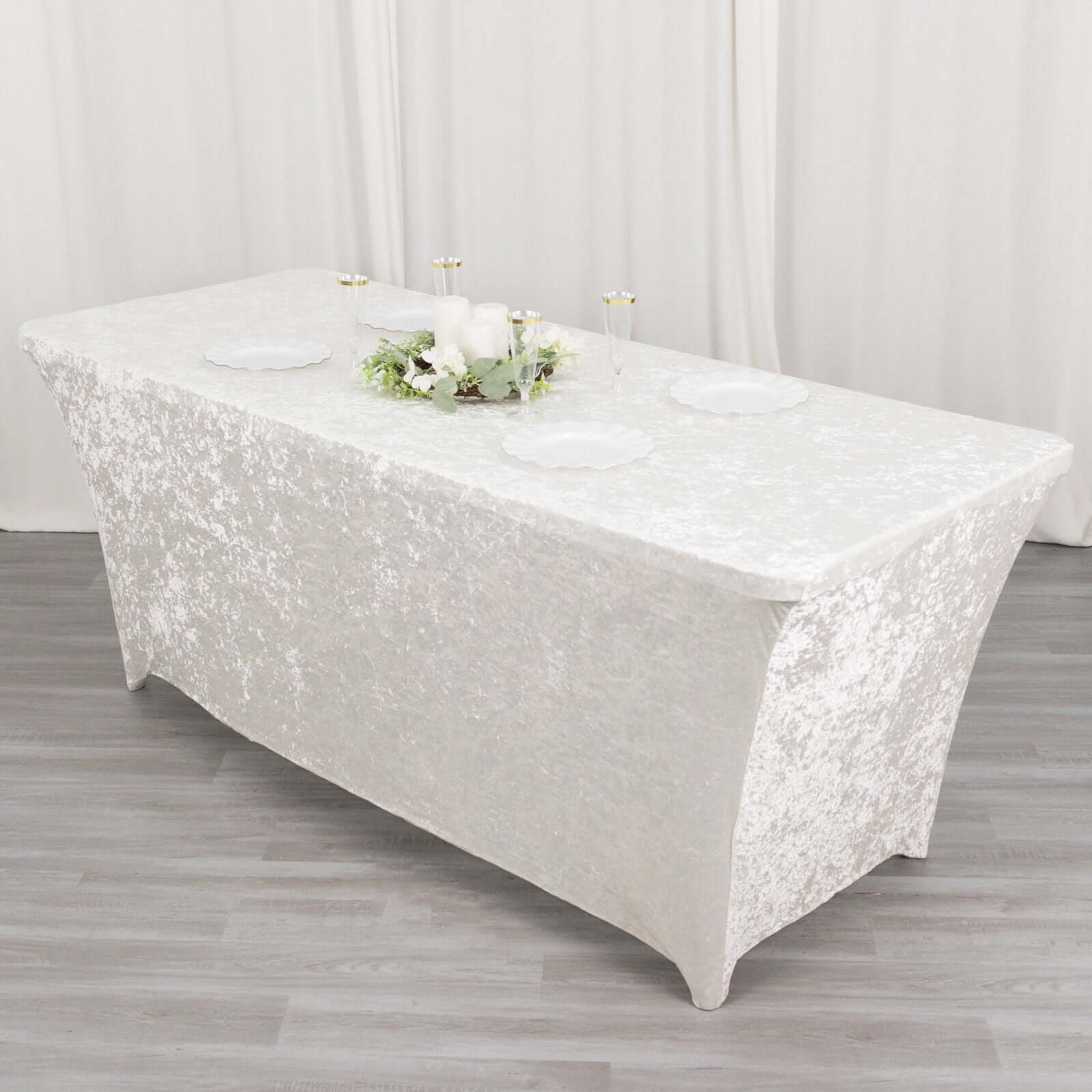 Crushed Velvet Fitted Rectangular 6ft Table Cover White - Wrinkle-Free Stretchy Tablecloth for Weddings and Banquets