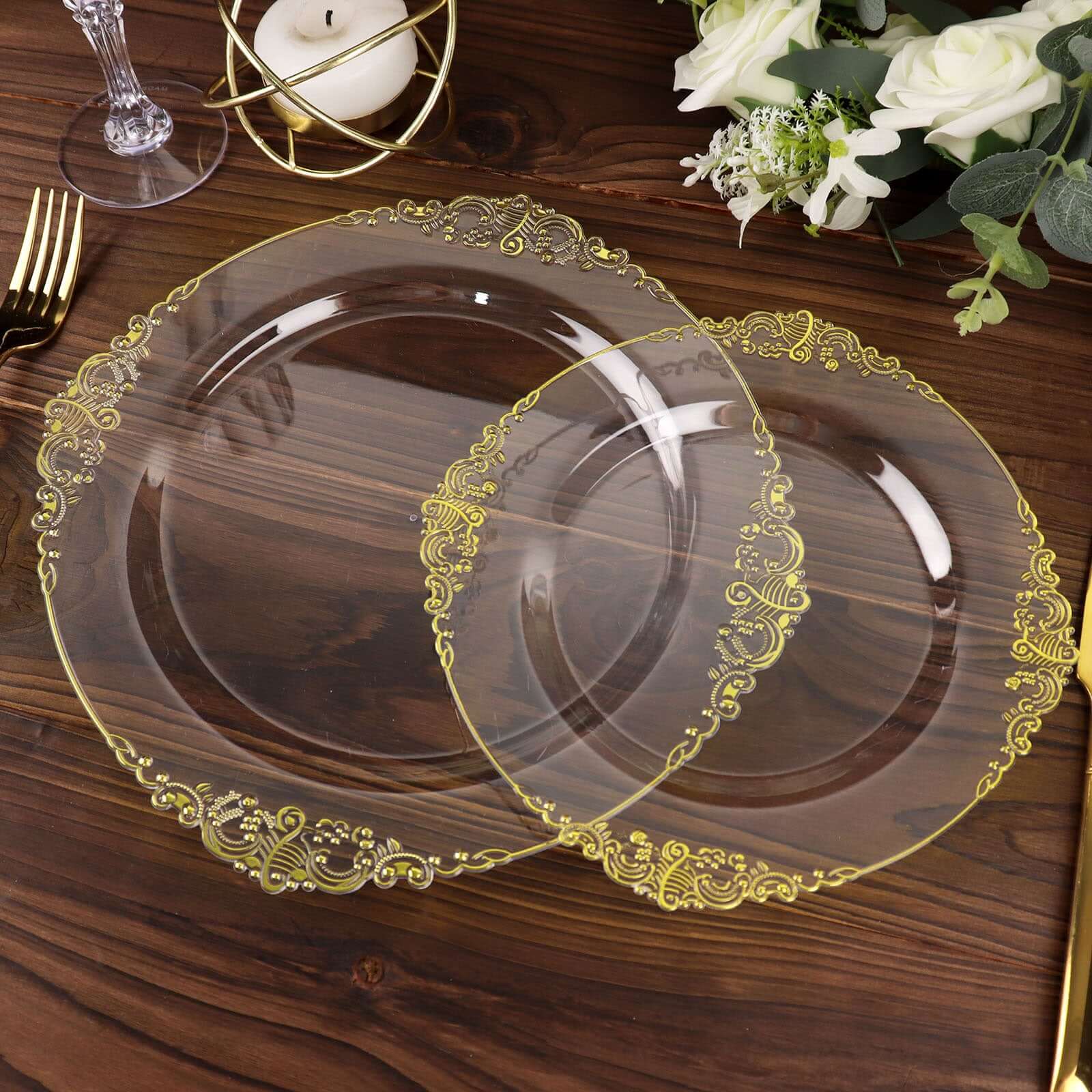 10-Pack Plastic 8" Round Dessert Plates in Clear with Gold Leaf Embossed Rim - Disposable Vintage Baroque Style Salad Plates
