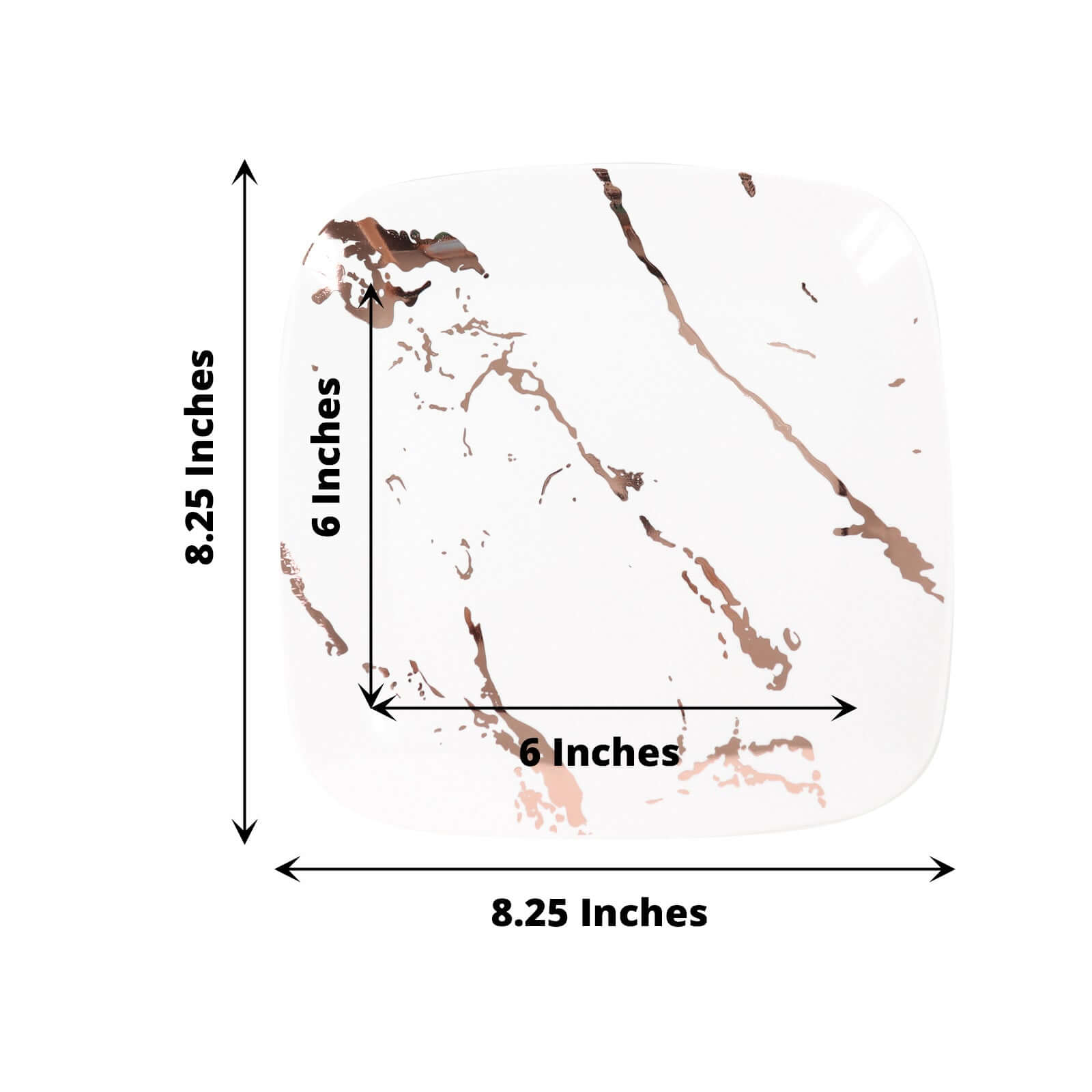 10-Pack Plastic 8" Square Dessert Plates in White with Rose Gold Marble Design - Disposable Appetizer Salad Party Plates