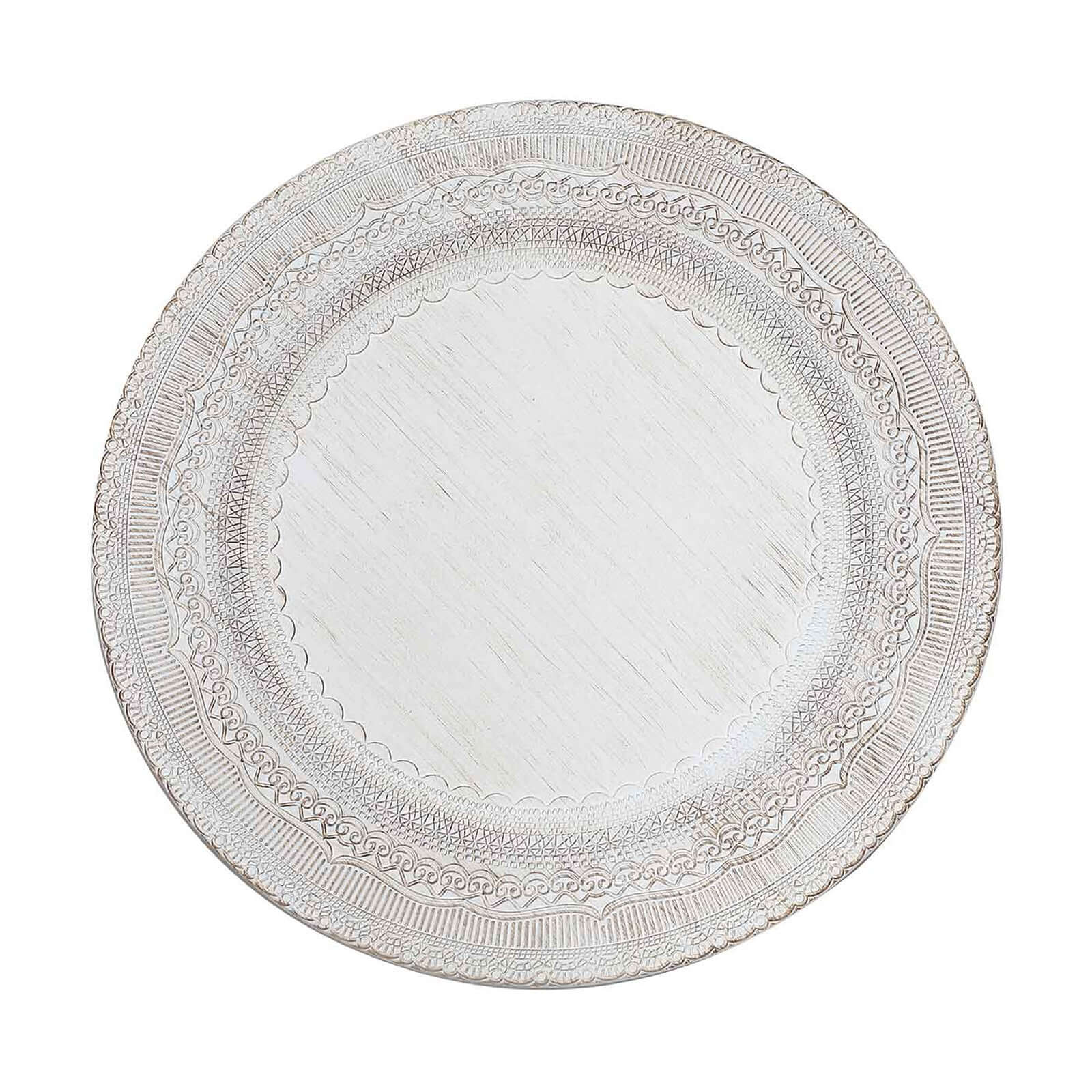 6-Pack Acrylic Round Charger Plates 13" in White with Lace Embossed Rim, Rustic Plastic Decorative Charger Tableware