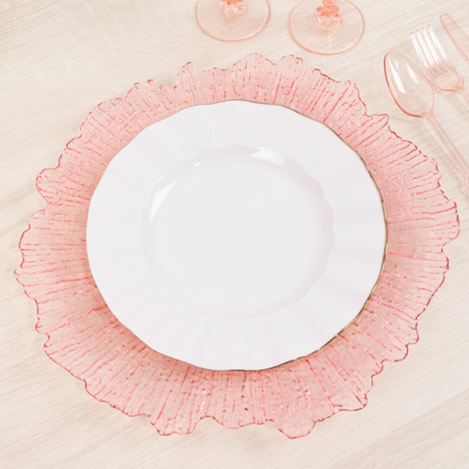 6-Pack Acrylic Plastic Round Charger Plates 13" in Transparent Blush with Reef Design, Dinner Charger Tableware