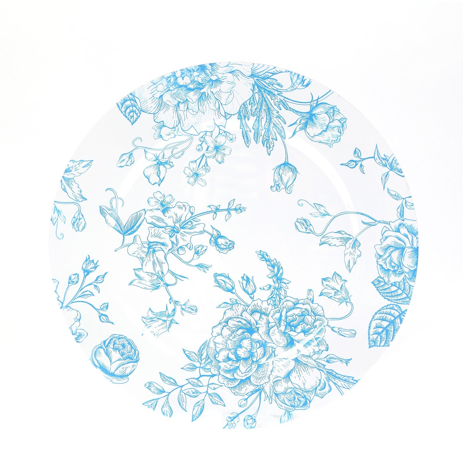 6 Pack Round Floral Acrylic Charger Plates in French Toile Pattern, 13" Clear Light Blue Dinner Charger Event Tabletop Decor
