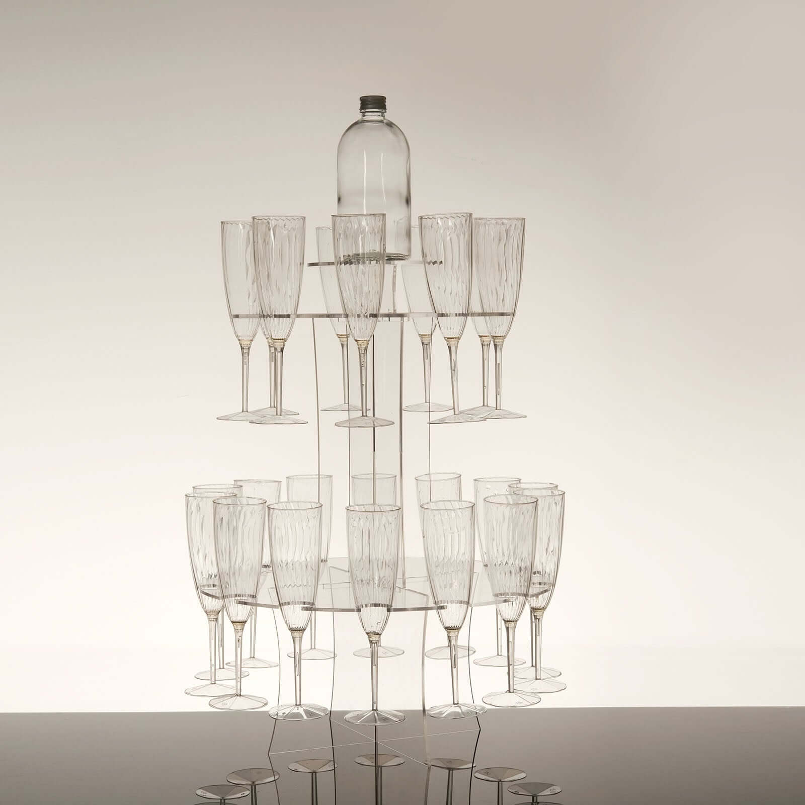 3-Tier Round Champagne Glass Holder Tower Clear Acrylic + 1 Bottle for Professional & Home Use 21"