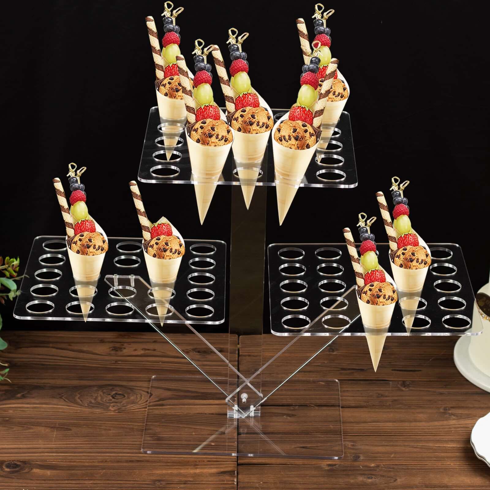 3-Tier Acrylic Square Ice Cream Cone Holder Clear - Foldable Multi-Purpose Dessert Display Stand with 72-Slots for Stylish Food Presentation 18" Tall