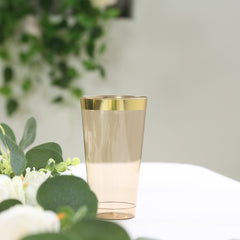 12-Pack Plastic Party Cups Transparent Amber Gold with Gold Rim - Durable Disposable Tumblers for Drinks 17oz 5.5"