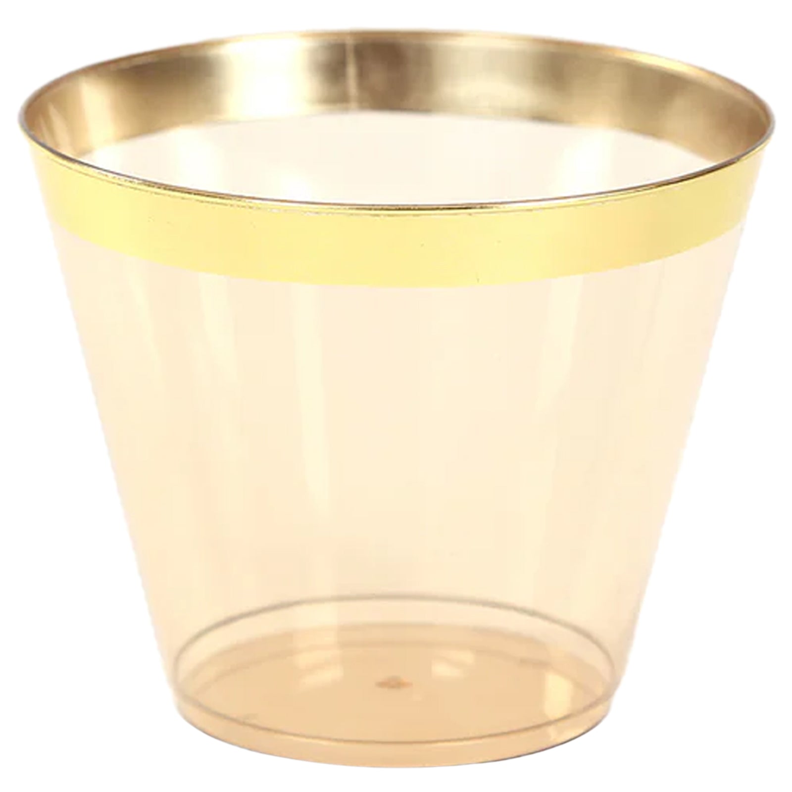 25-Pack Plastic Party Cups Transparent Amber Gold Crystal with Gold Rim - Stylish Short Disposable Glasses 9oz